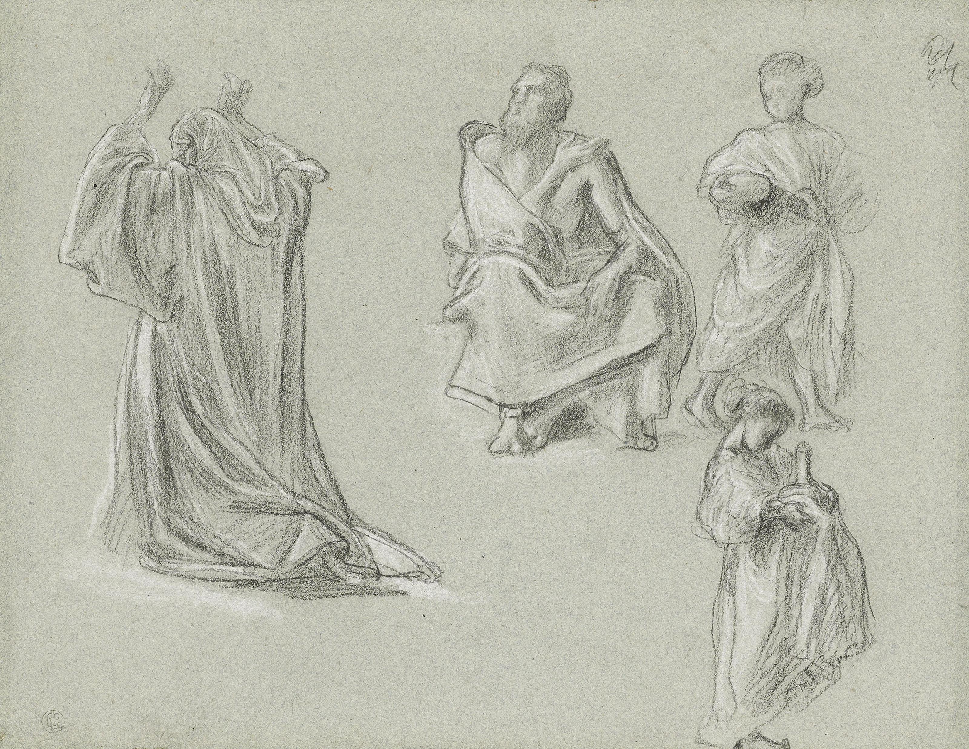 Frederic Leighton — Лист с набросками фигур: одна из них стоит на коленях с поднятыми руками, сидящая мужская фигура в драпировке и два наброска молодых женщин.