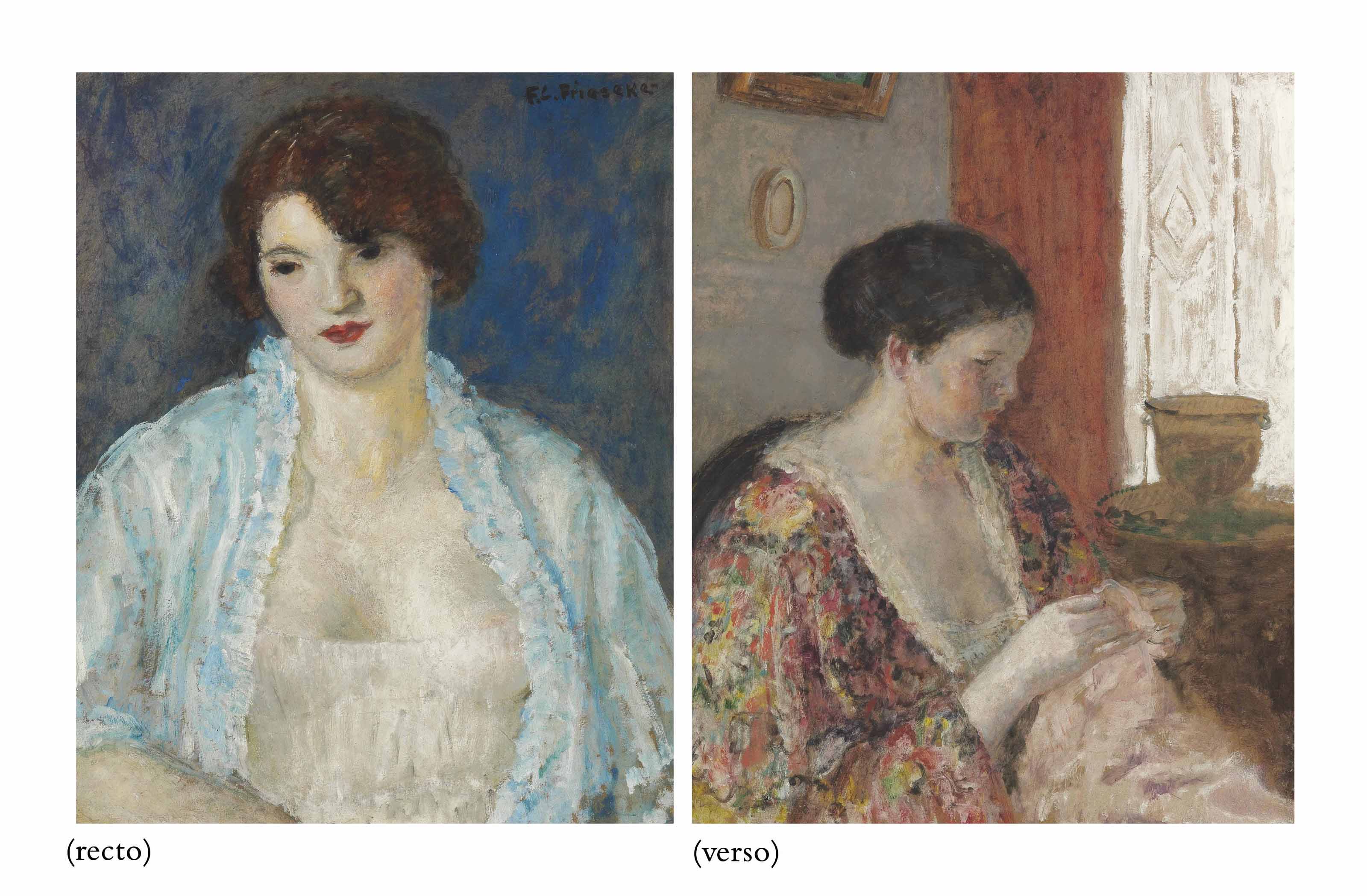 Frederick Carl Frieseke — Голубое неглиже и шитье жены художника : Двусторонняя работа