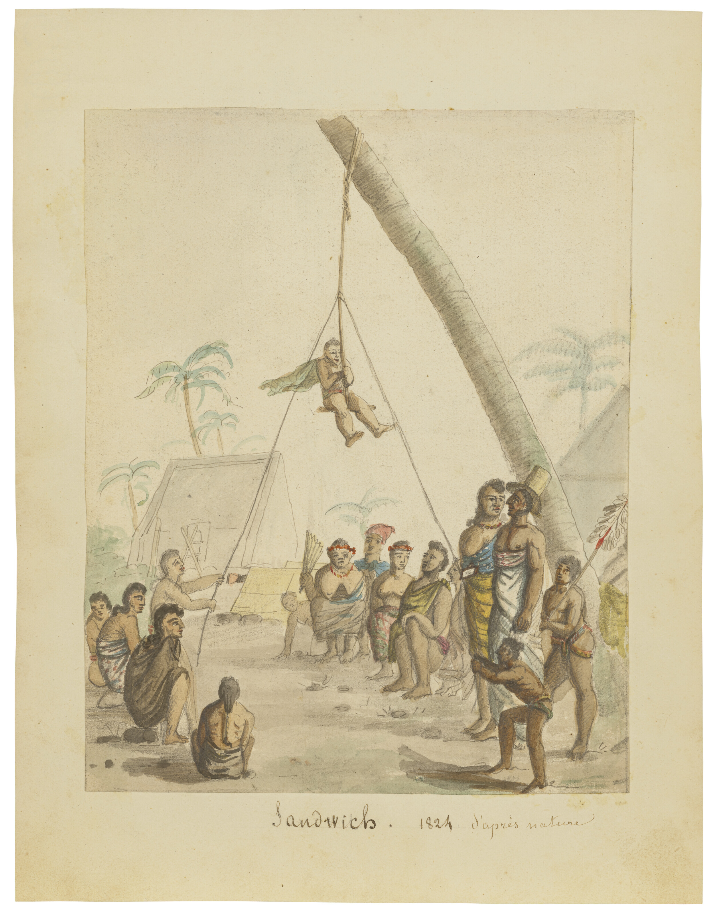 French School — "Дневник памяти жителей деревни" (Гавайи, остров Сэндвич), 1819 год (справа) ; Эскизы (слева), изображение 3