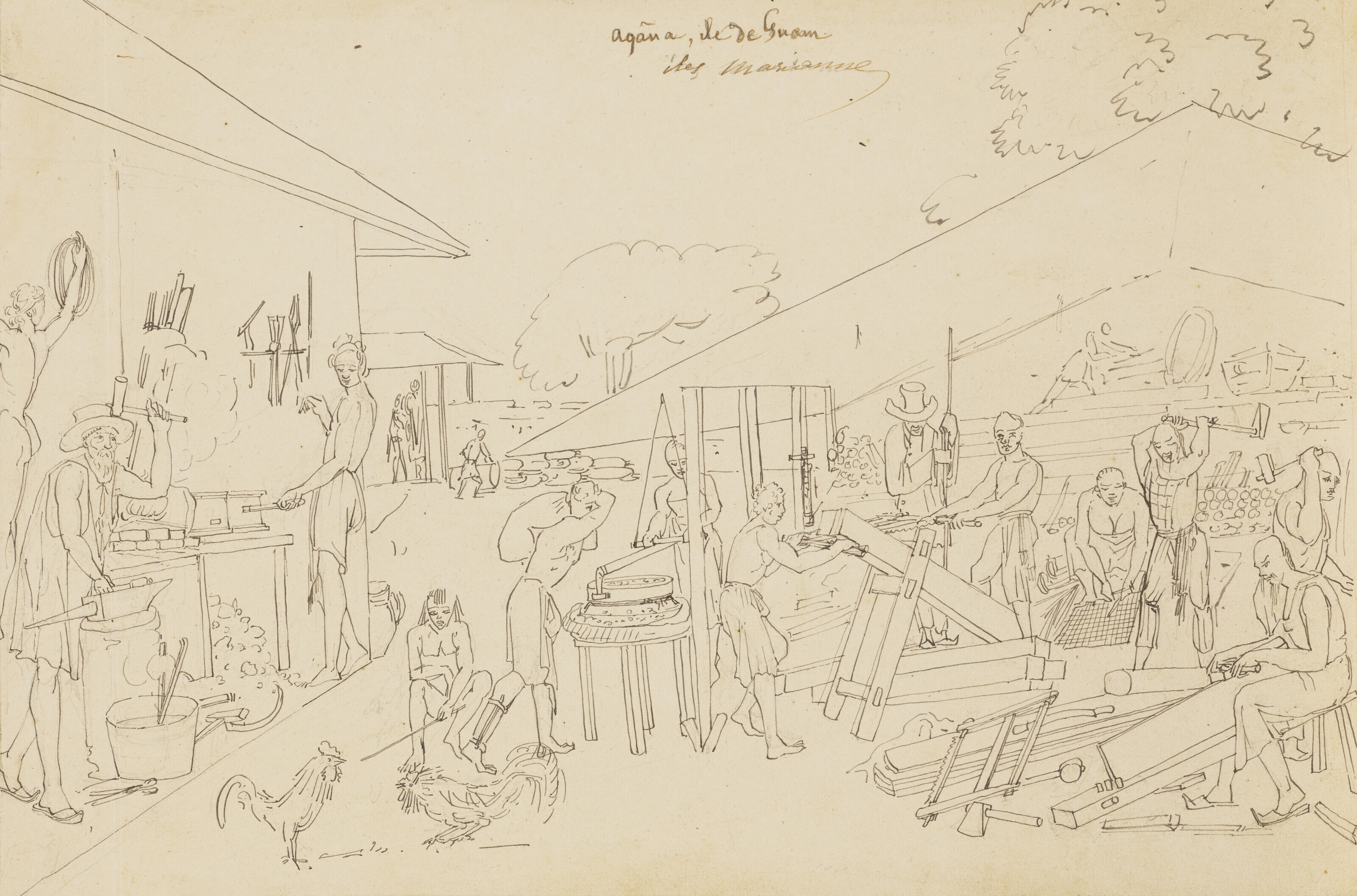 French School — Две сцены работы ремесленников на острове Гуам (Море Филиппин) 19 марта 1819 года : Новая винокурня ; и работы механиков (кузница, меню), изображение 3