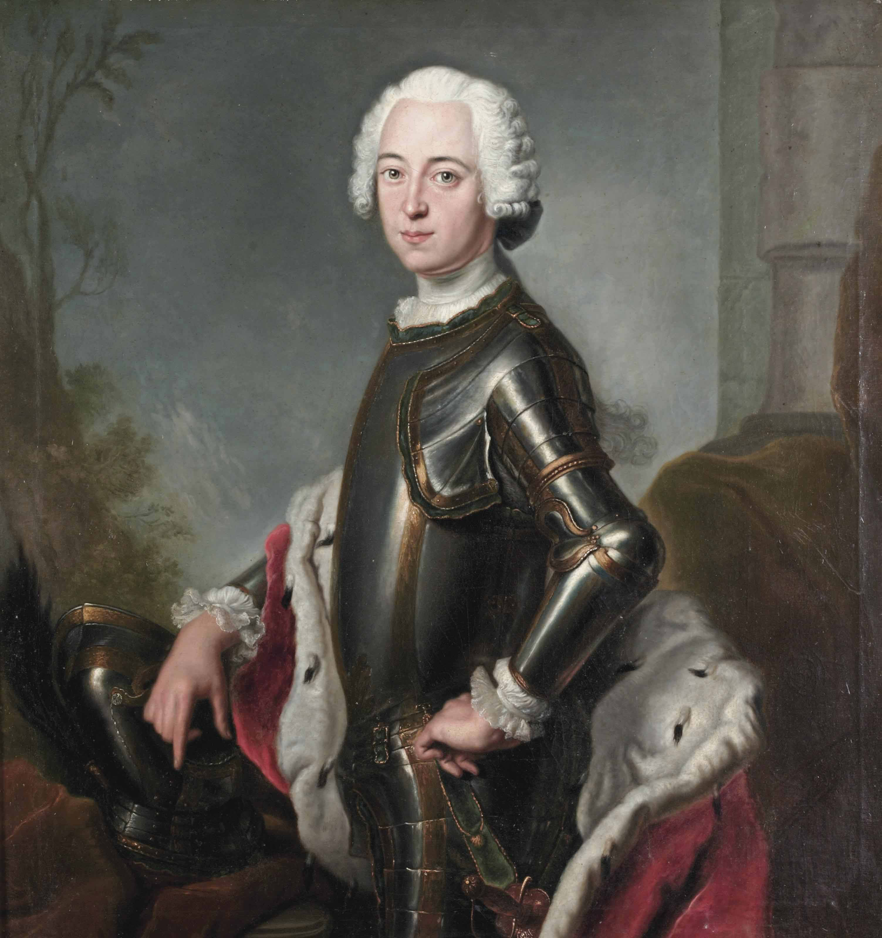 Friedrich — Портрет Фридриха, герцога Мекленбург-Шверинского (1717-1785), прозванного Фридрихом Фроммским, в полный рост, в доспехах и красном плаще, подбитом горностаем, стоящего у колонны на фоне пейзажа