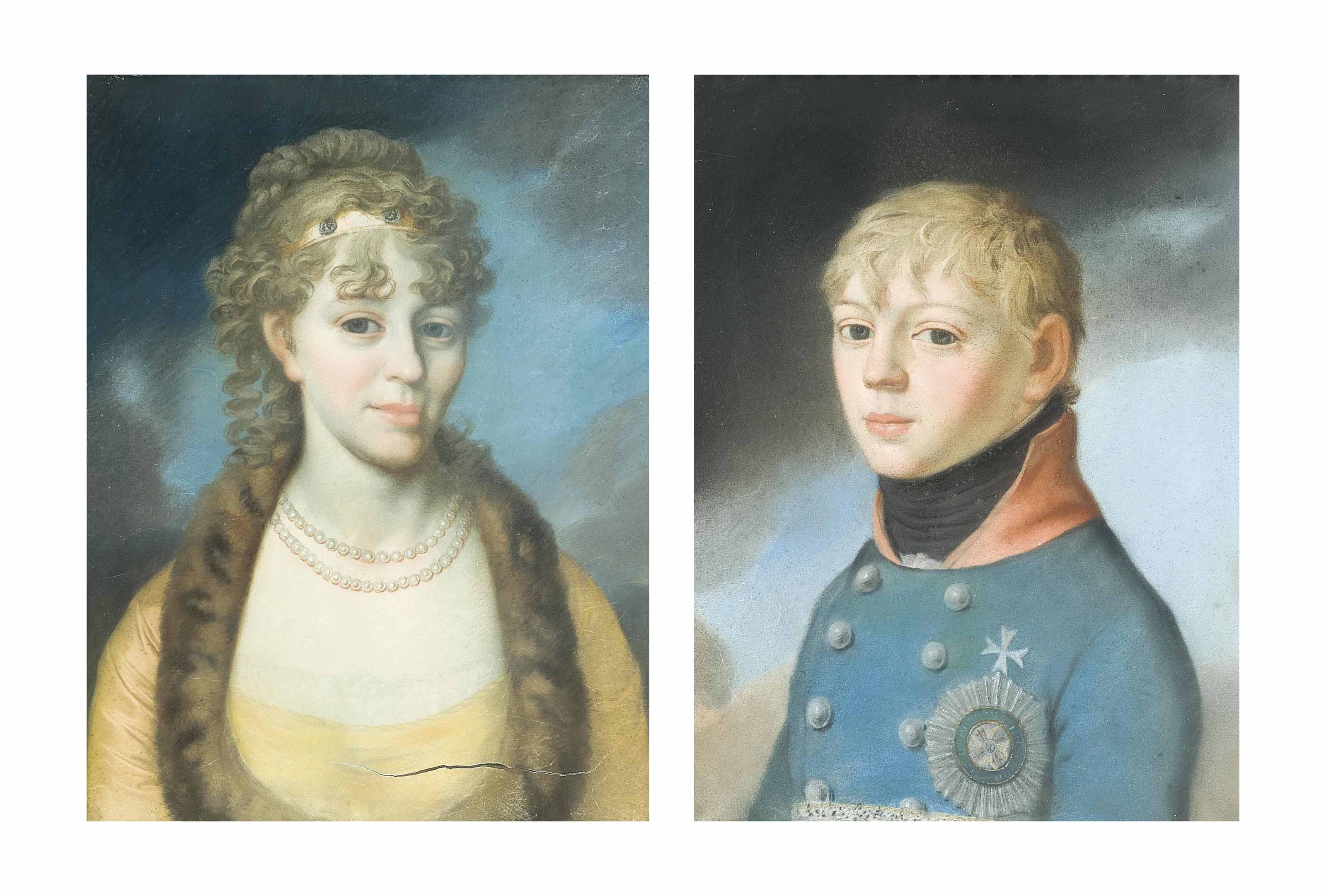 Friedrich — Портрет джентльмена, традиционно именуемого герцогом Фридрихом Евгением Карлом Паулем Людвигом фон Вюртембергским (1788-1857), поясной; и портрет дамы, традиционно именуемой принцессой Луизой Штольберг-Гедернской (1764-1834), поясной, в золотистом платье, отороченном мехом