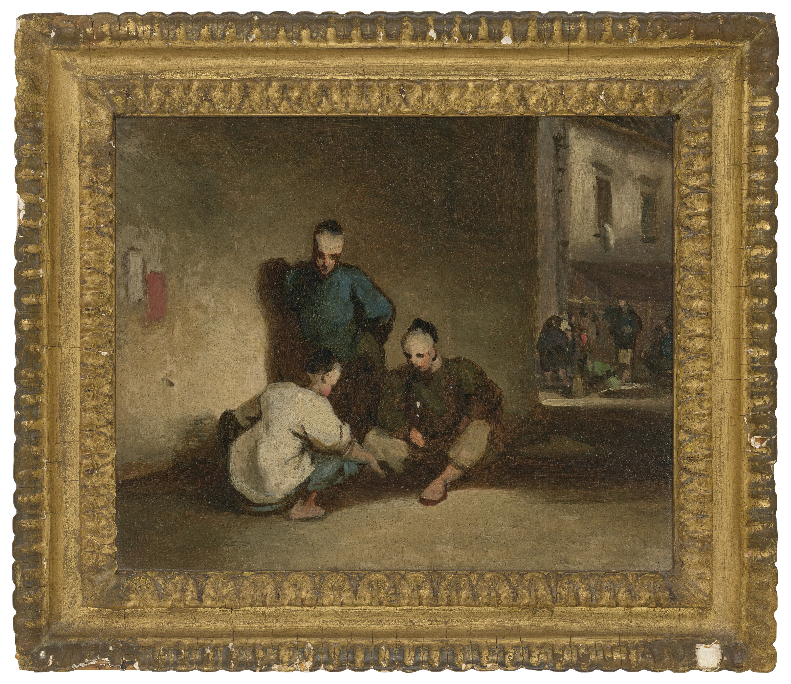 George Chinnery — Уличная сцена в Макао, где трое мужчин играют в азартные игры, изображение 2