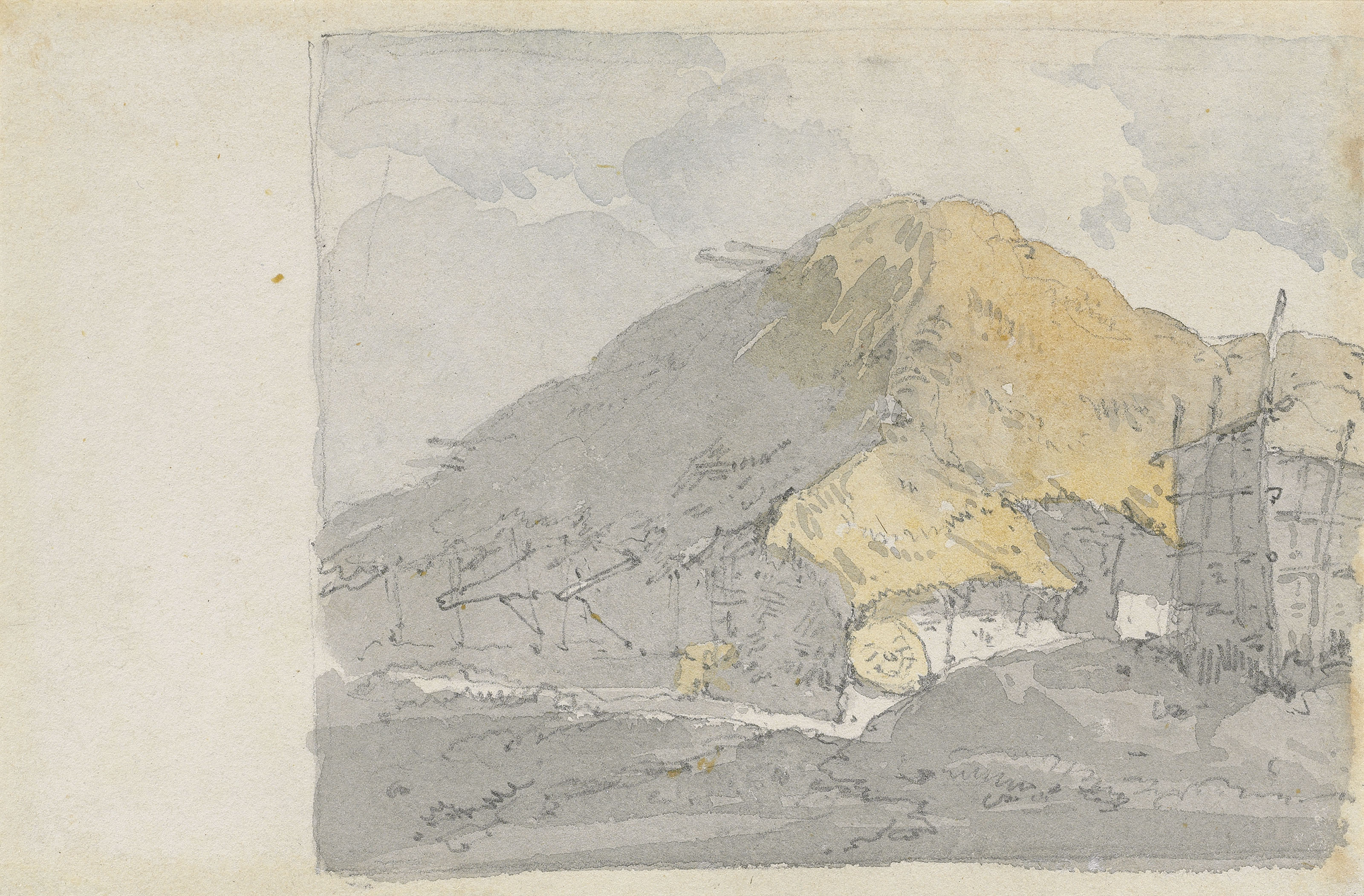 George Chinnery — Разрушенный храм, Бенгалия, с купающимися фигурами; и индийский храм с сидящей фигурой на переднем плане (справа), с наброском крытых соломой хижин, Бенгалия (оборотная сторона)., изображение 3