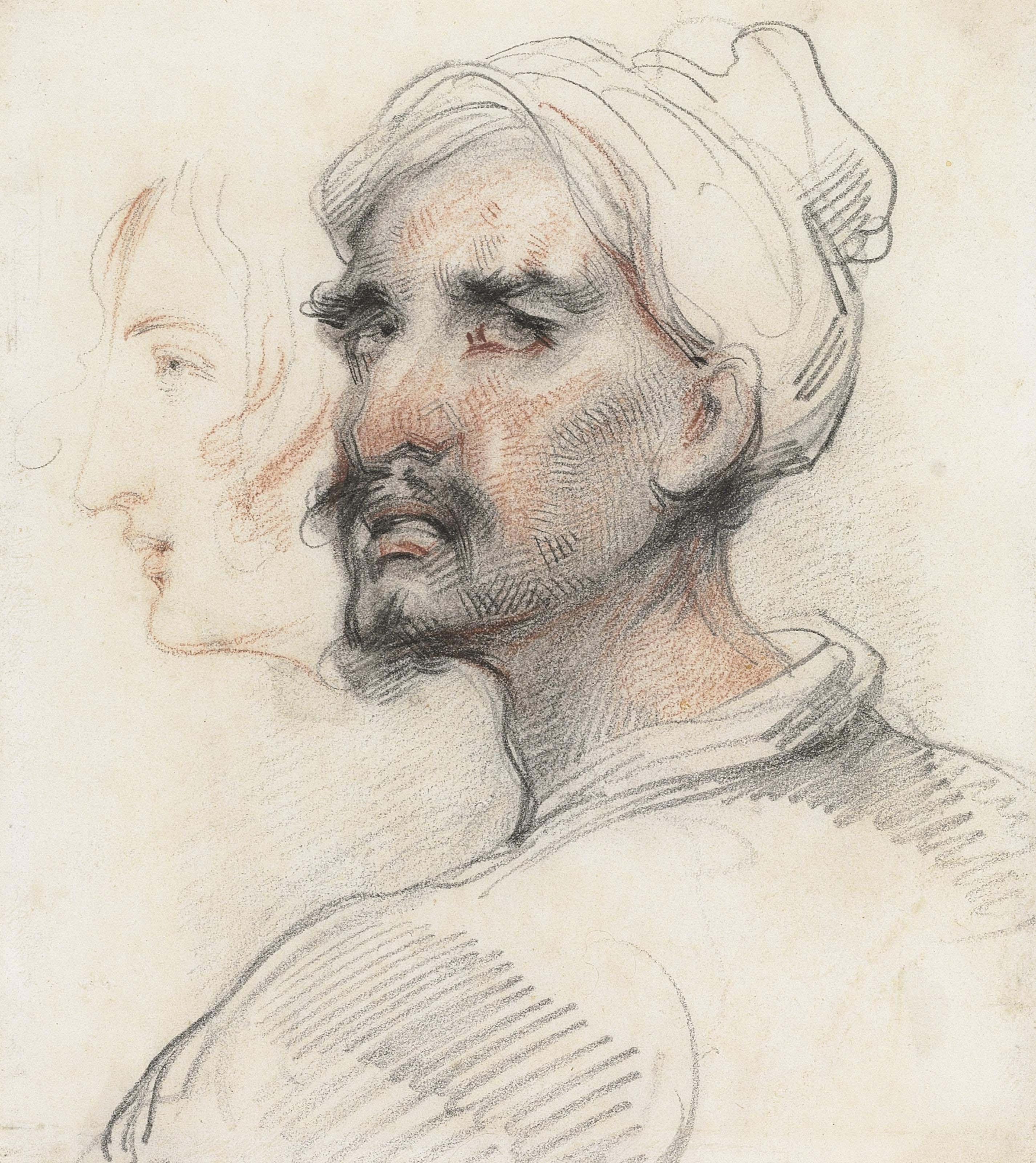 George Chinnery — Портрет мужчины в тюрбане, в профиль в три четверти, повернутый влево, и параллельный этюд женской головы