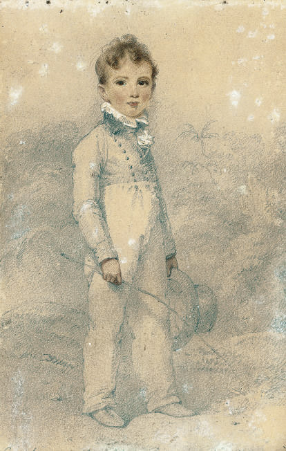 George Chinnery — Портрет Уильяма Энтони Барлтона, маленького мальчика, стоящего в полный рост на фоне тропического пейзажа