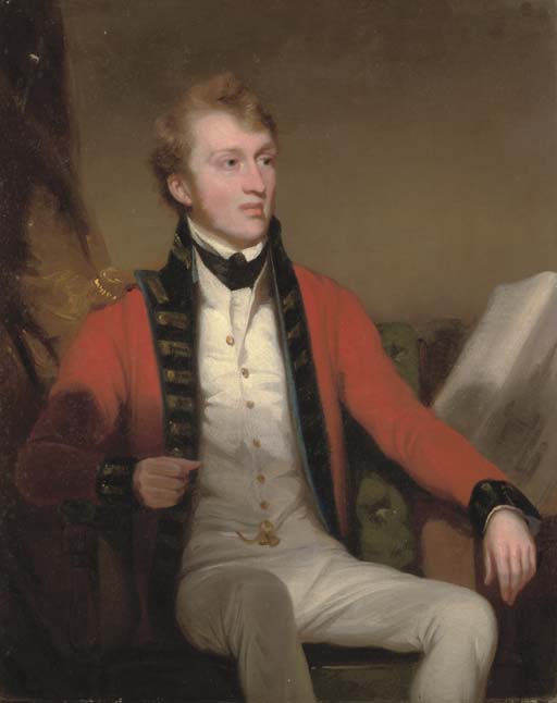 George Chinnery — Портрет офицера Ост-Индской компании, небольшой, в три четверти роста, в военной форме, сидящий