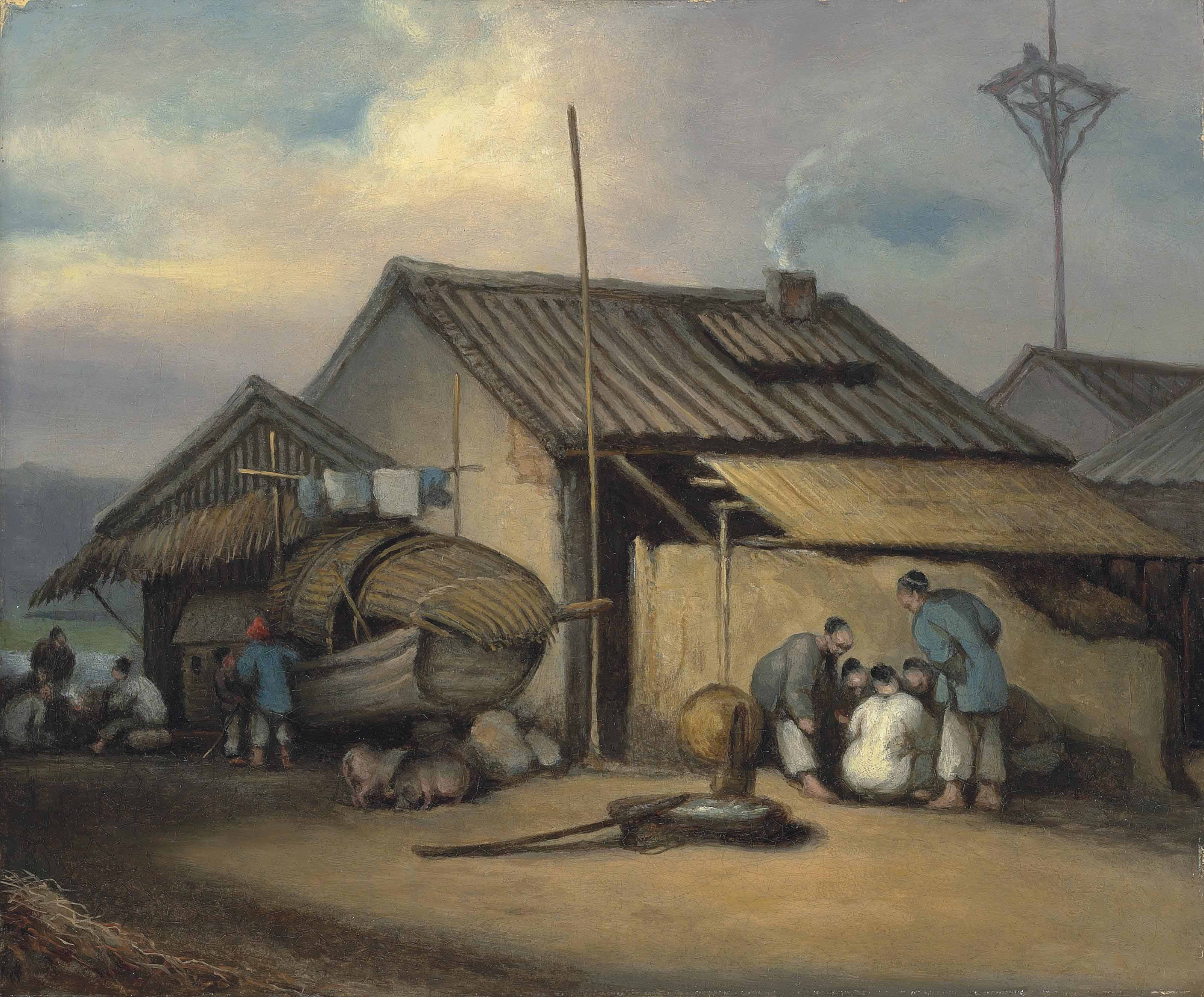 George Chinnery — Китайский игорный дом, Макао, с людьми на лодке Танка на берегу за