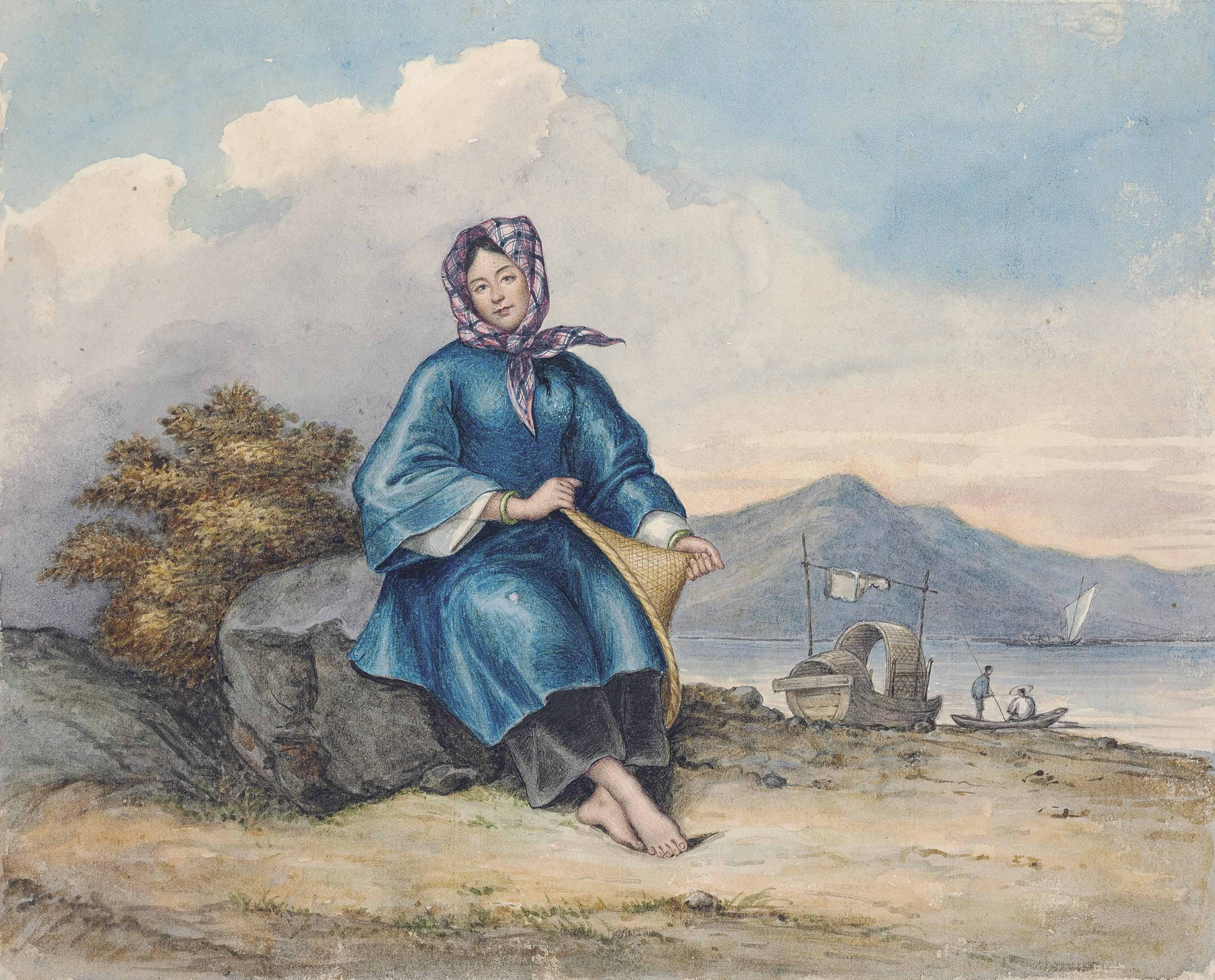 George Chinnery — Коллекция акварелей и рисунков, в том числе акварели, изображающие китайские игры, девушек-танка, китайскую кузницу и бенгальский пейзаж после Чиннери, а также коллекция акварелей и рисунков, сделанных в Макао и Кантоне разными мастерами, и две белковые гравюры У.У. Вуда с палубы британского корабля.