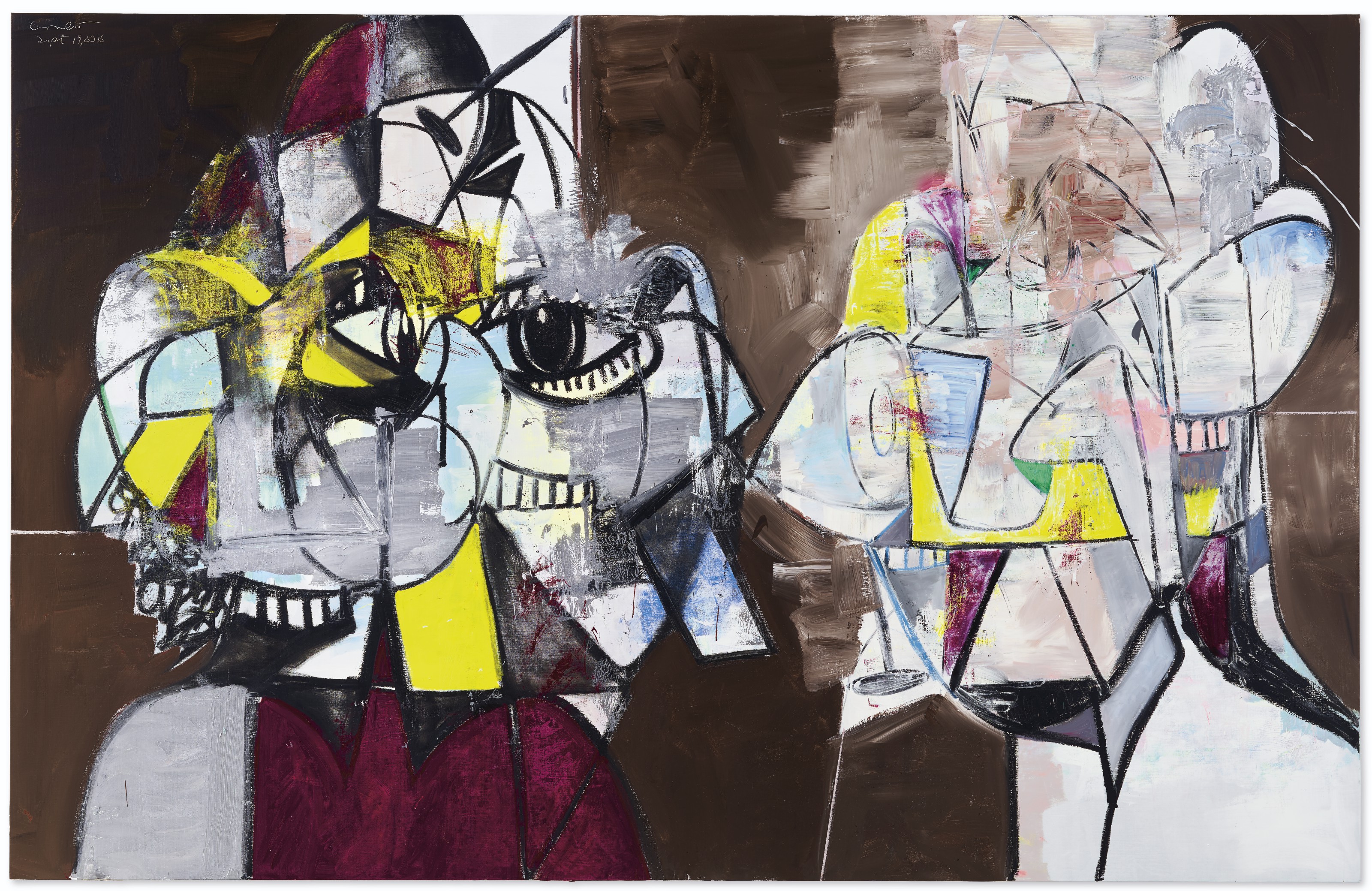 George Condo — Серебристо-желтая композиция с двойной головкой