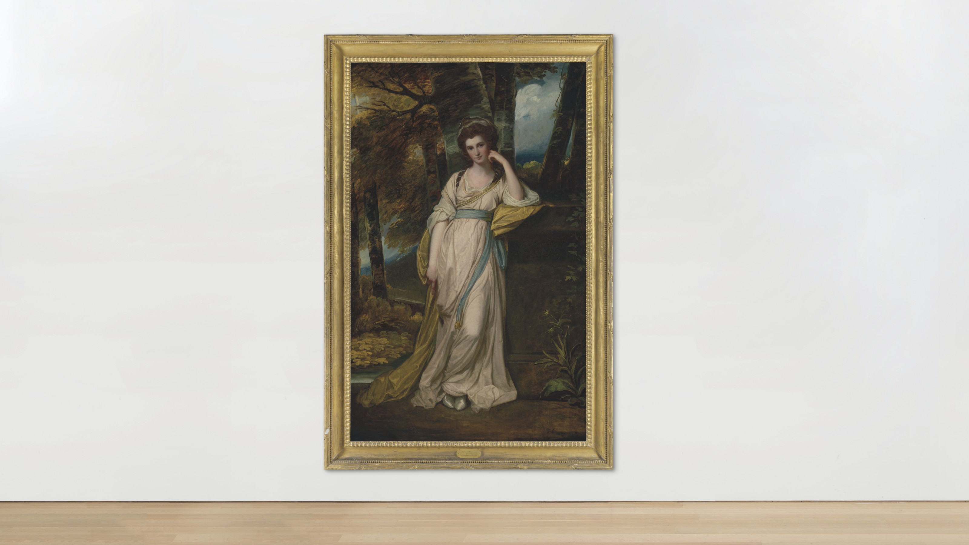 George Romney — Портрет миссис Деборы Джемаймы Максвелл (1755-1789) в полный рост, в бледно-розовом платье с голубым поясом и желтой накидке, на фоне лесистого пейзажа, изображение 5