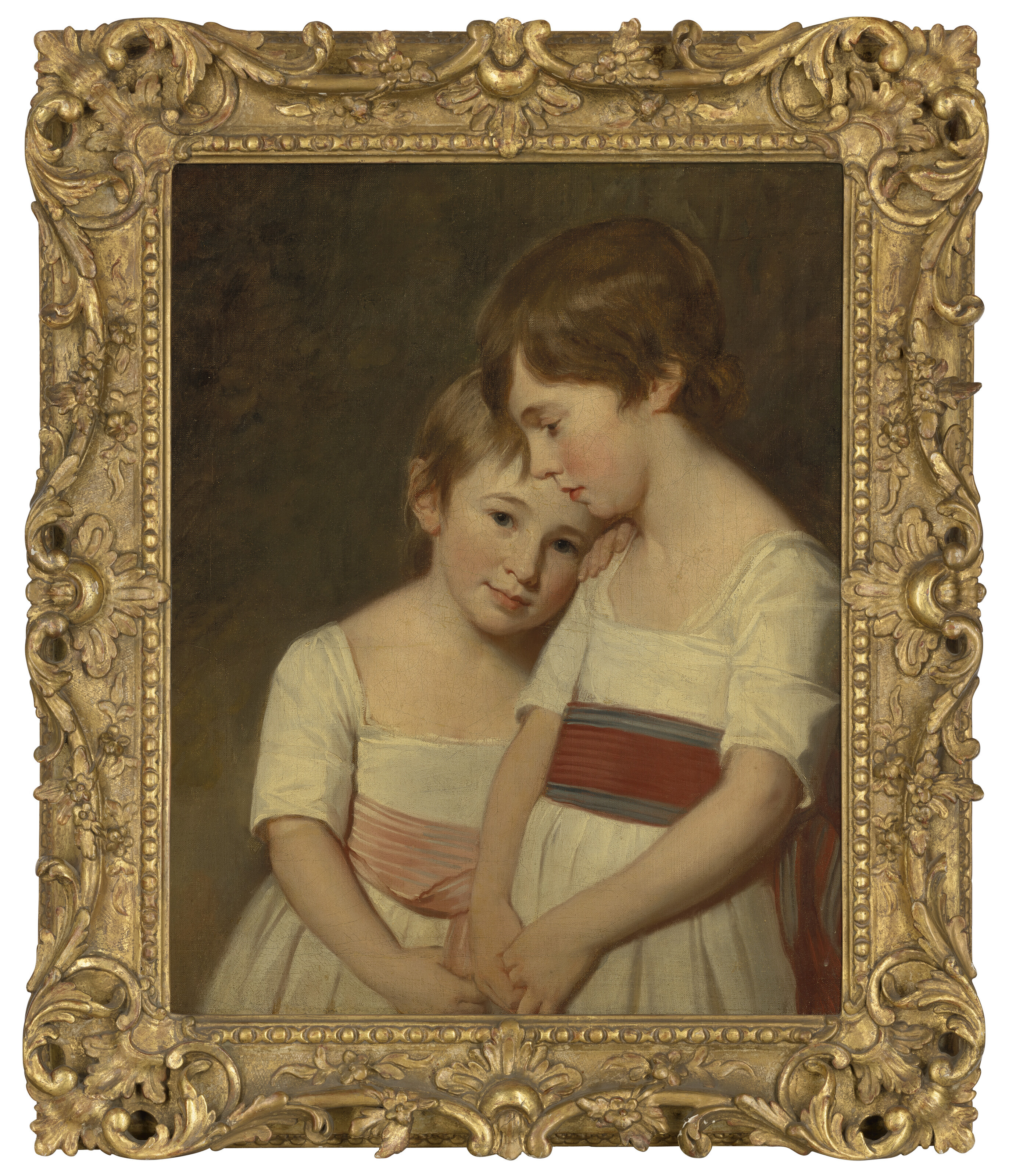 George Romney — Двойной портрет двух родных сестер в три четверти роста, в белых платьях с красно-розовым поясом, на фоне пейзажа, изображение 2