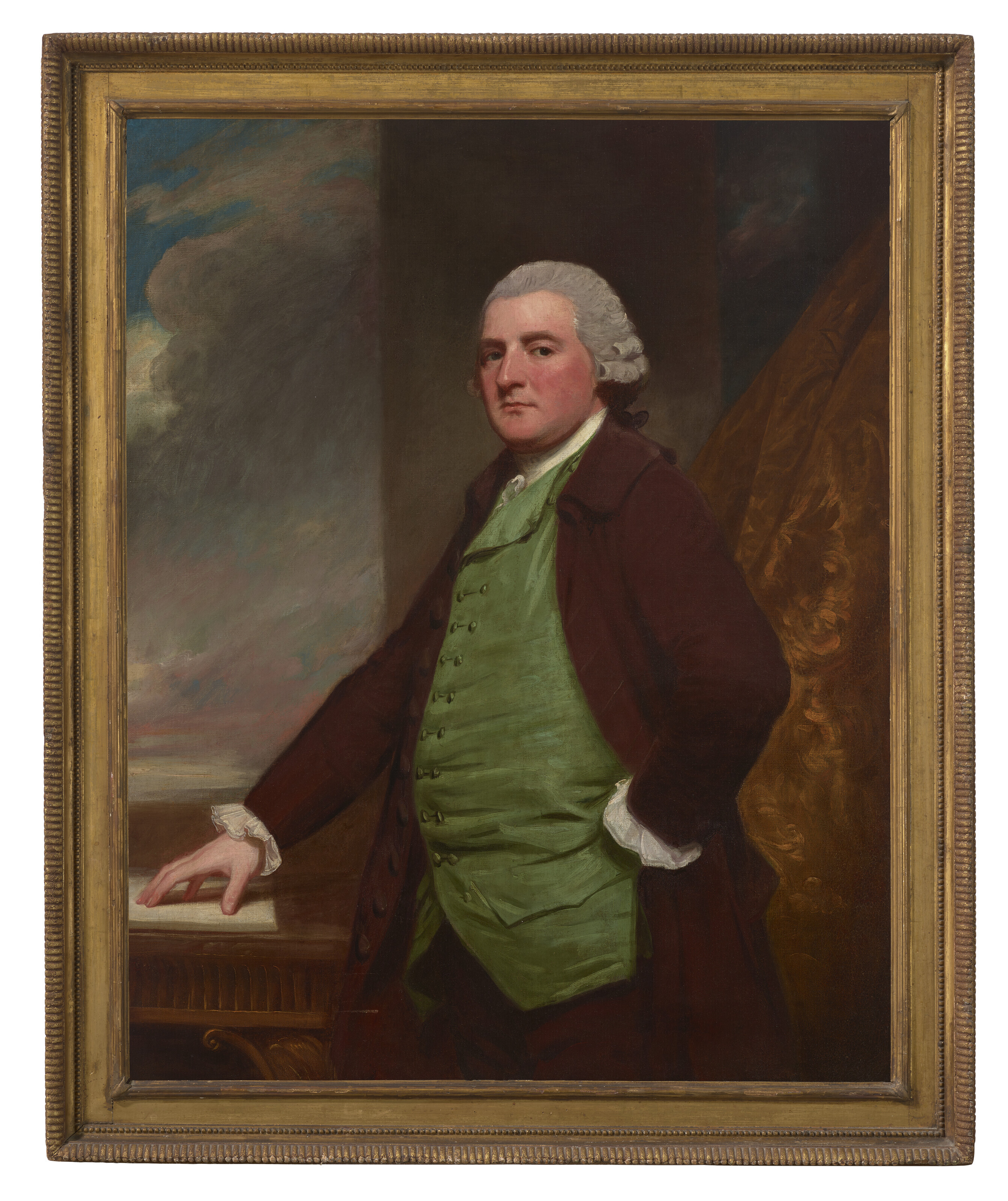 George Romney — Портрет Джеймса Кросса из Клифтона, Бристоль (?1739-1791), в три четверти роста, за столом на фоне пейзажа, изображение 2