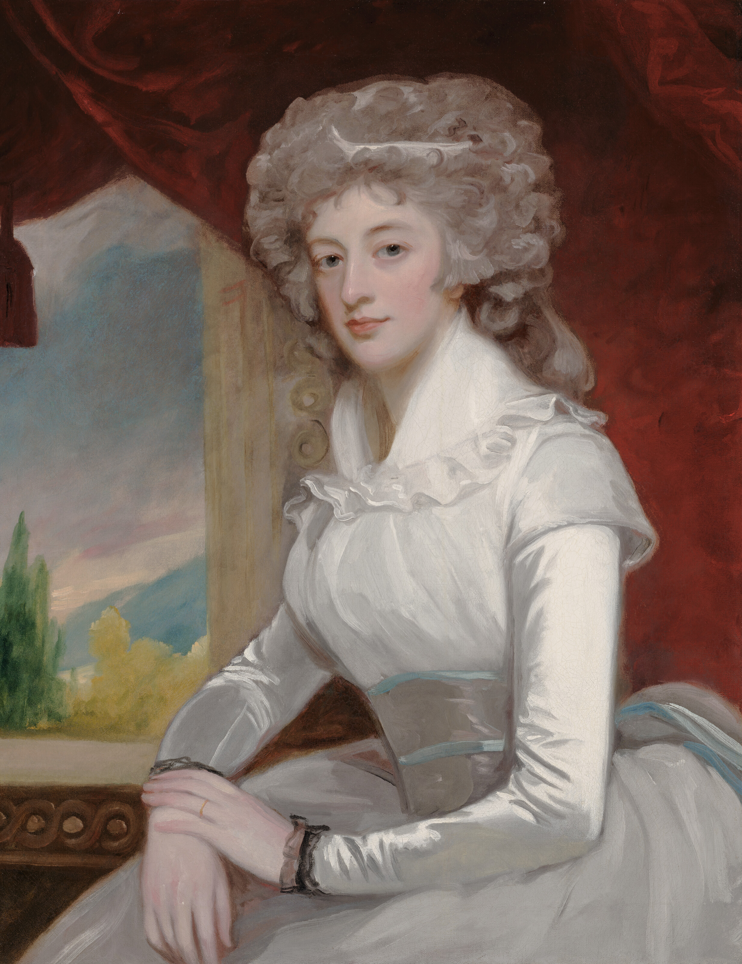 George Romney — Портрет миссис Уильям Магуайр, сидящей в полный рост, в белом платье и косынке, пейзаж за окном., изображение 2