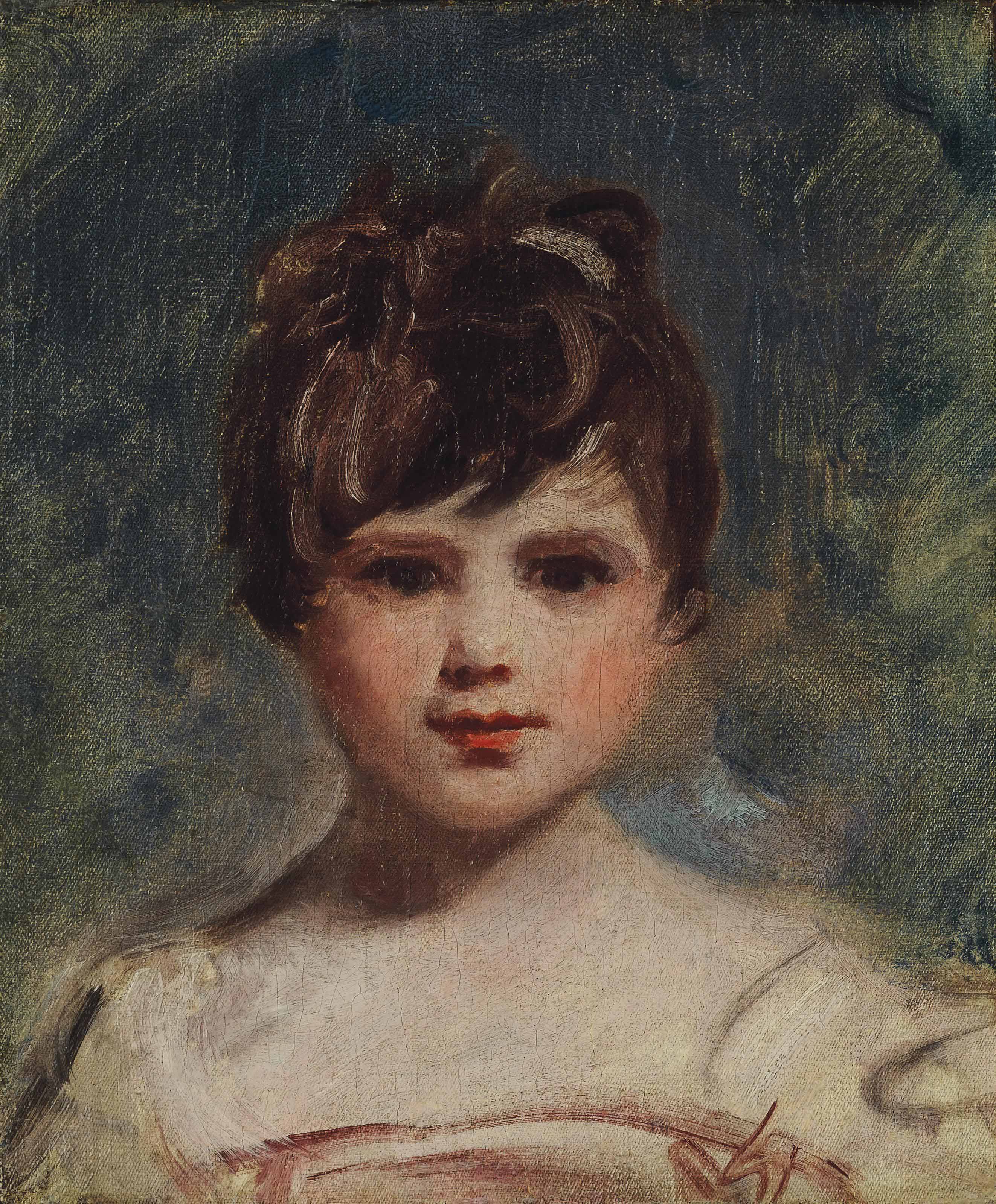 George Romney — Портрет молодой девушки, длиной до груди, в белом платье