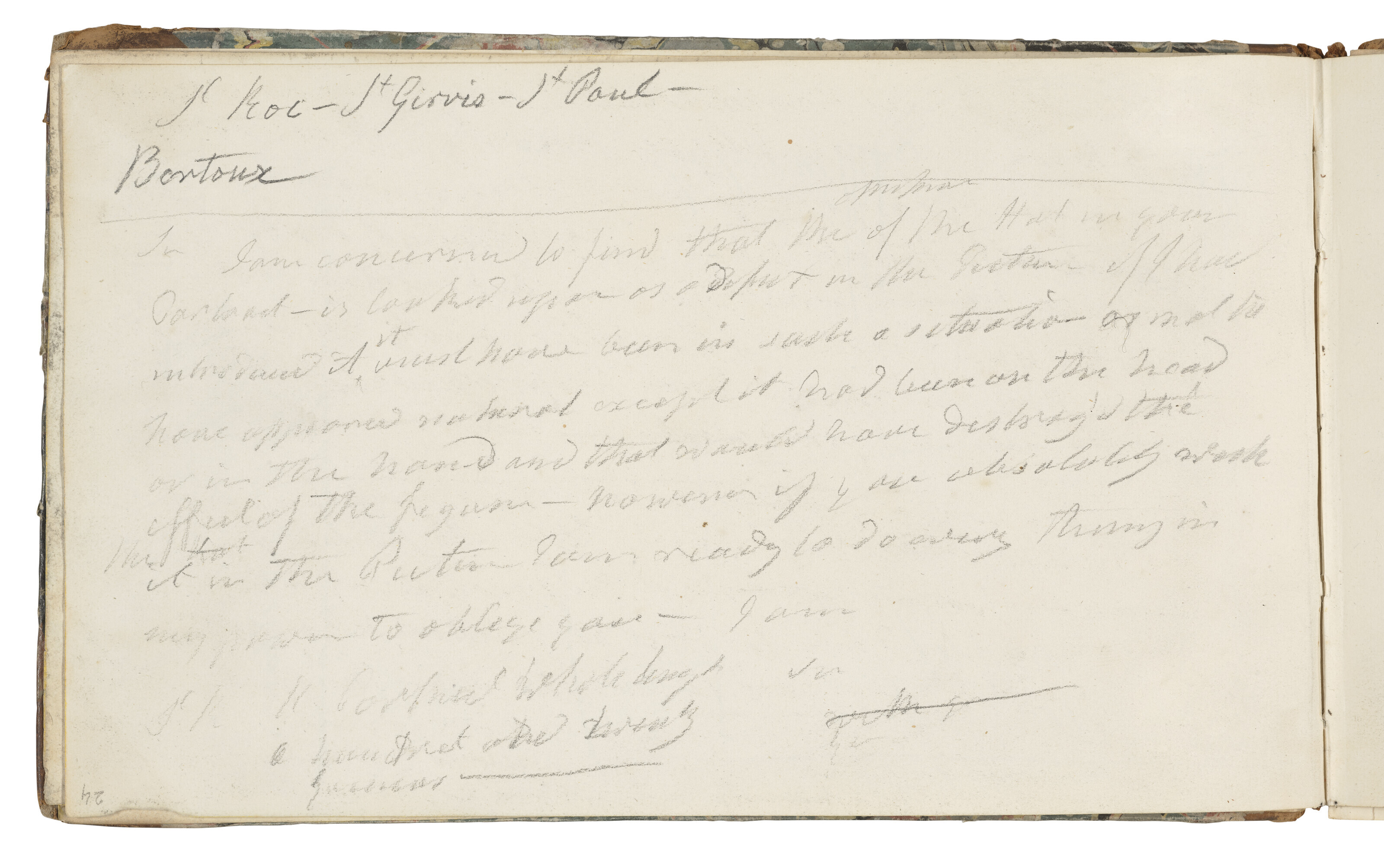 George Romney — Два частично разобранных альбома для рисования: первые 7 листов в переплете из мраморной бумаги с рисунками предполагаемого дизайна дома и письмом; вторые 17 листов без переплета с различными набросками головы и некоторыми композиционными рисунками, в том числе для "Портрета миссис Морвуд", "Смерти генерала Вулфа" и "Короля Лира"., изображение 19
