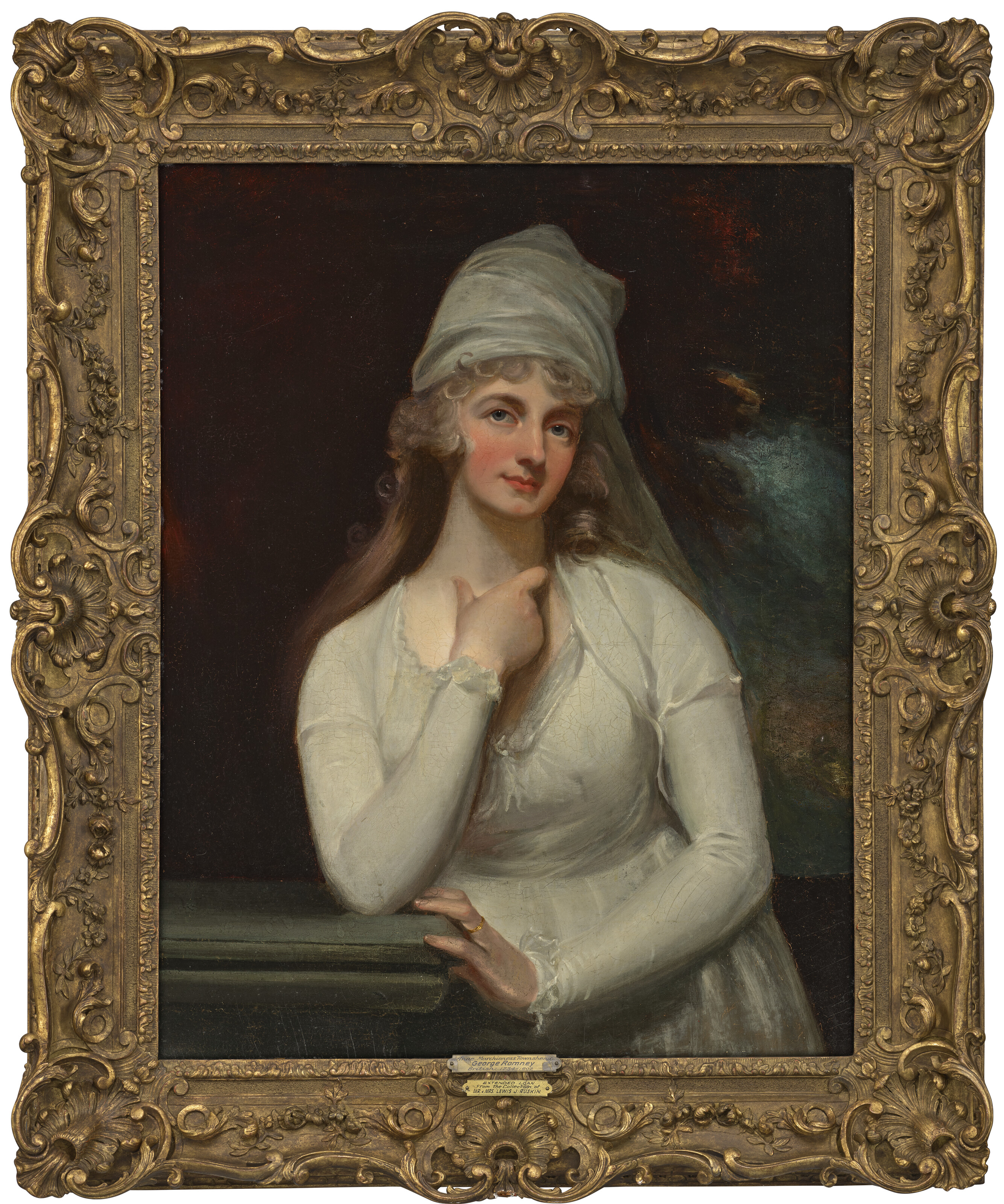 George Romney — Портрет Анны, маркизы Тауншенд, в полный рост, в белом платье и белом муслиновом чепце, изображение 2