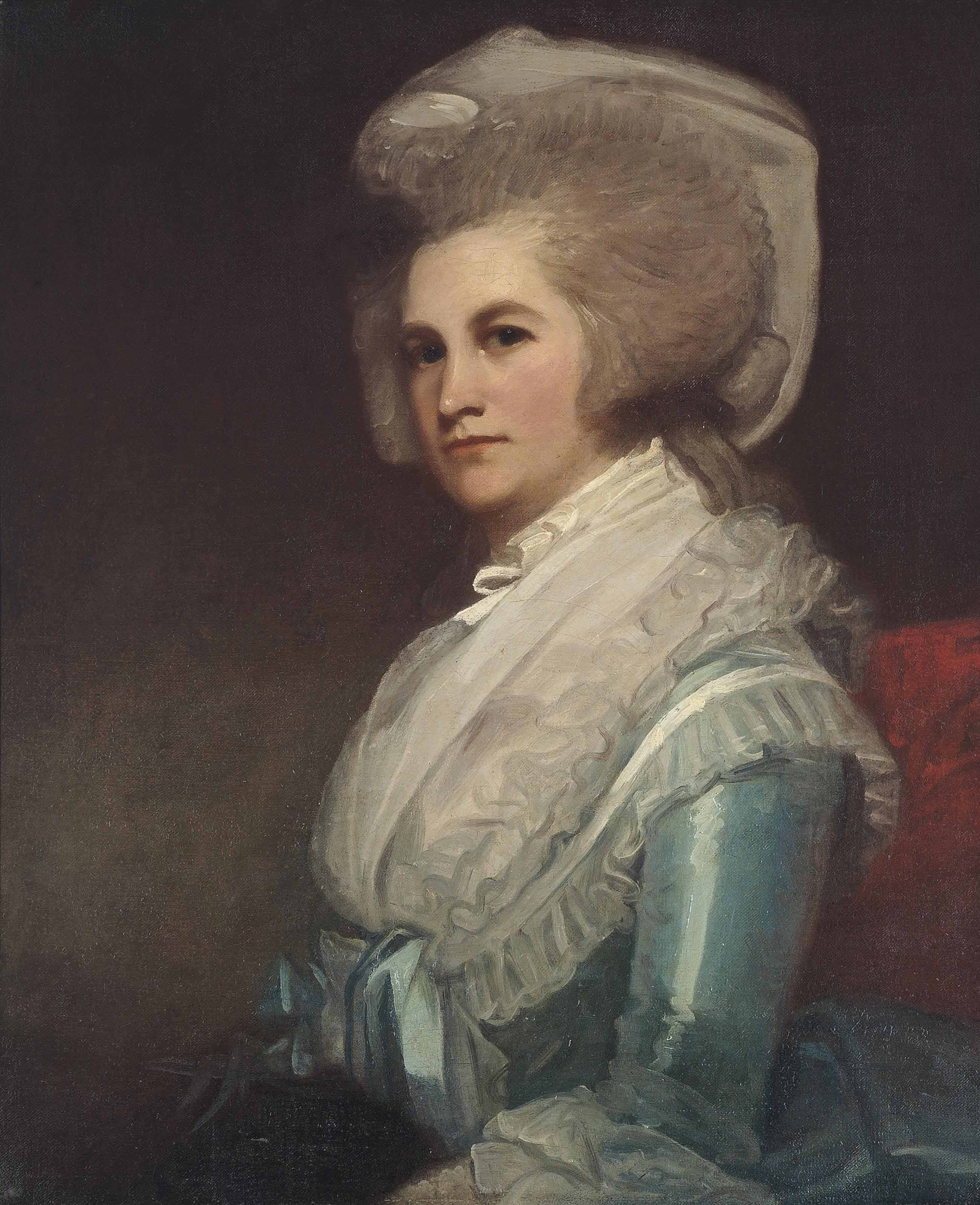 George Romney — Портрет Доротеи, леди Робинсон (1739-1815), в полный рост, в голубом платье и белой шляпке