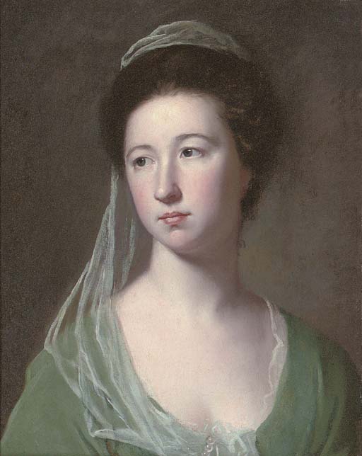 George Romney — Портрет дамы, которую традиционно называют леди Сисилия Холливелл, длиной до груди, в зеленом платье и бледно-зеленой вуали