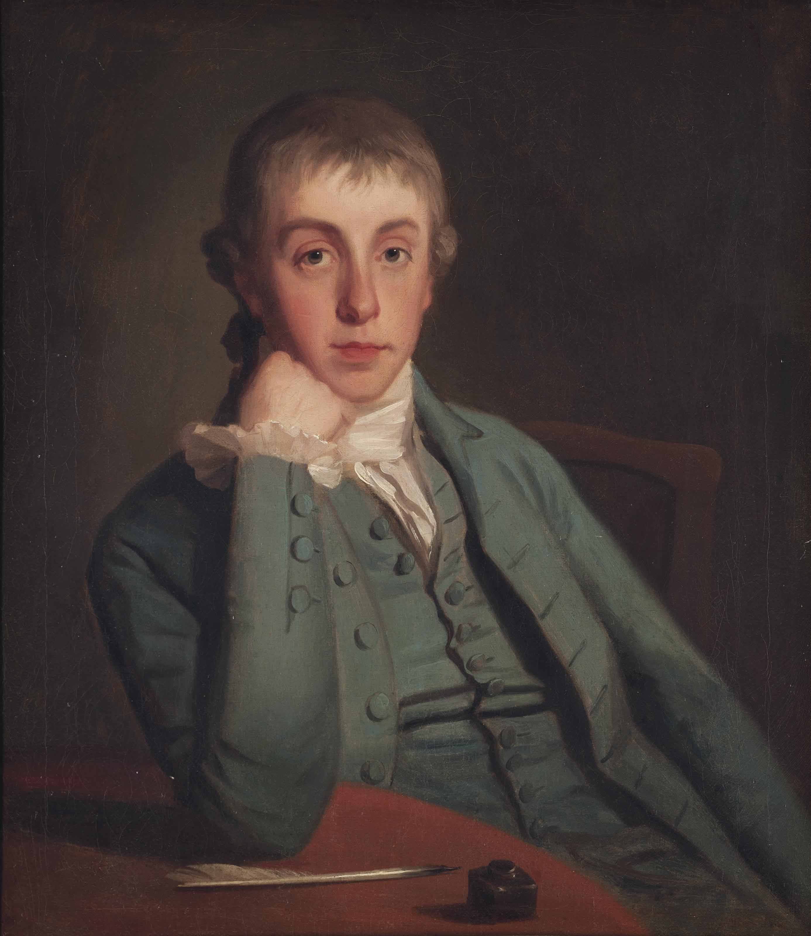 George Romney — Портрет джентльмена, традиционно именуемого Джорджем Биддлом, в полный рост, сидящего в синем сюртуке, его правый локоть опирается на стол, рядом с пером и чернильницей
