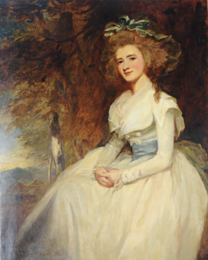 George Romney — Портрет дамы в белом платье и зеленой шляпке