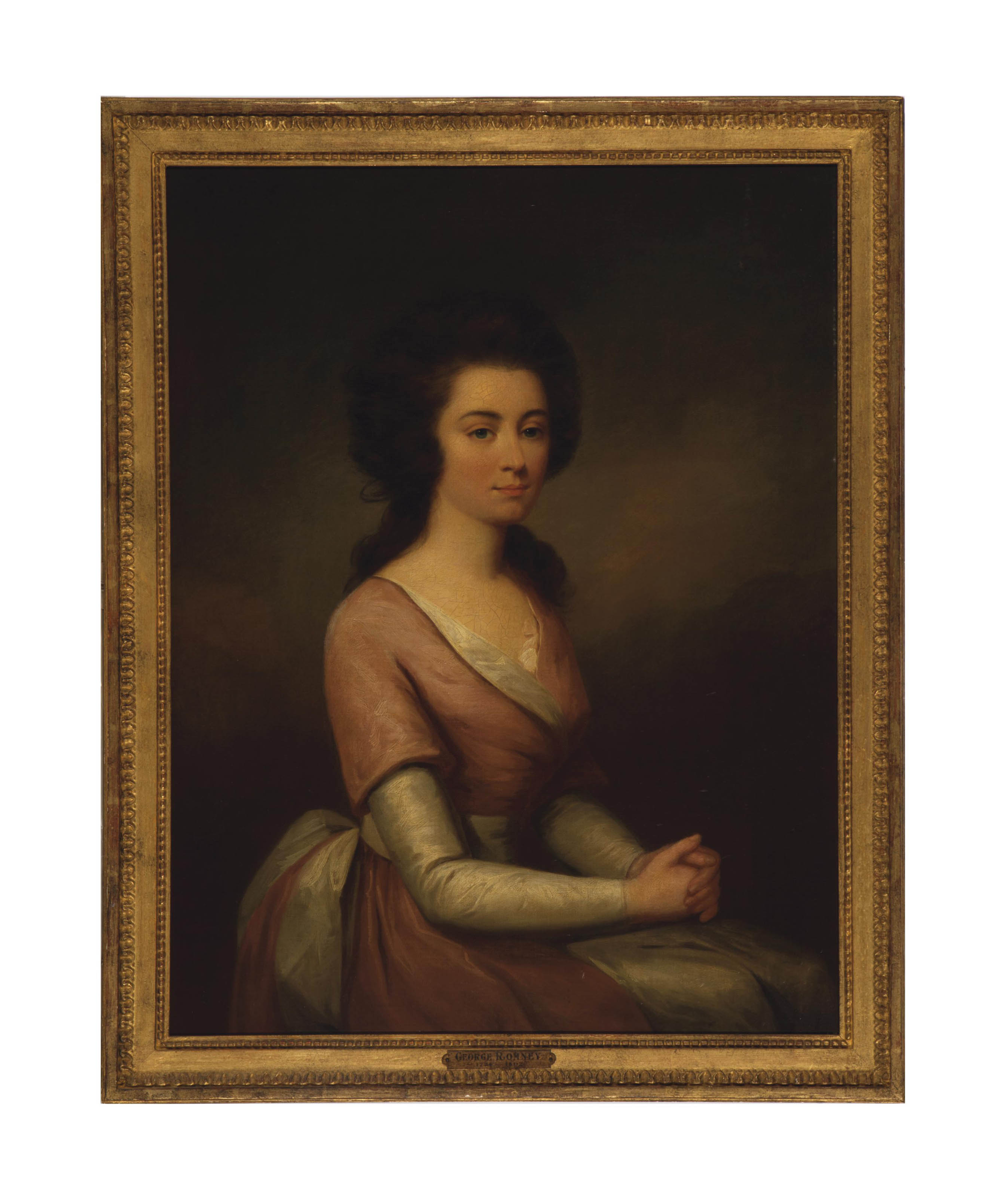 George Romney — Портрет дамы, сидящей в полный рост, в розовом платье