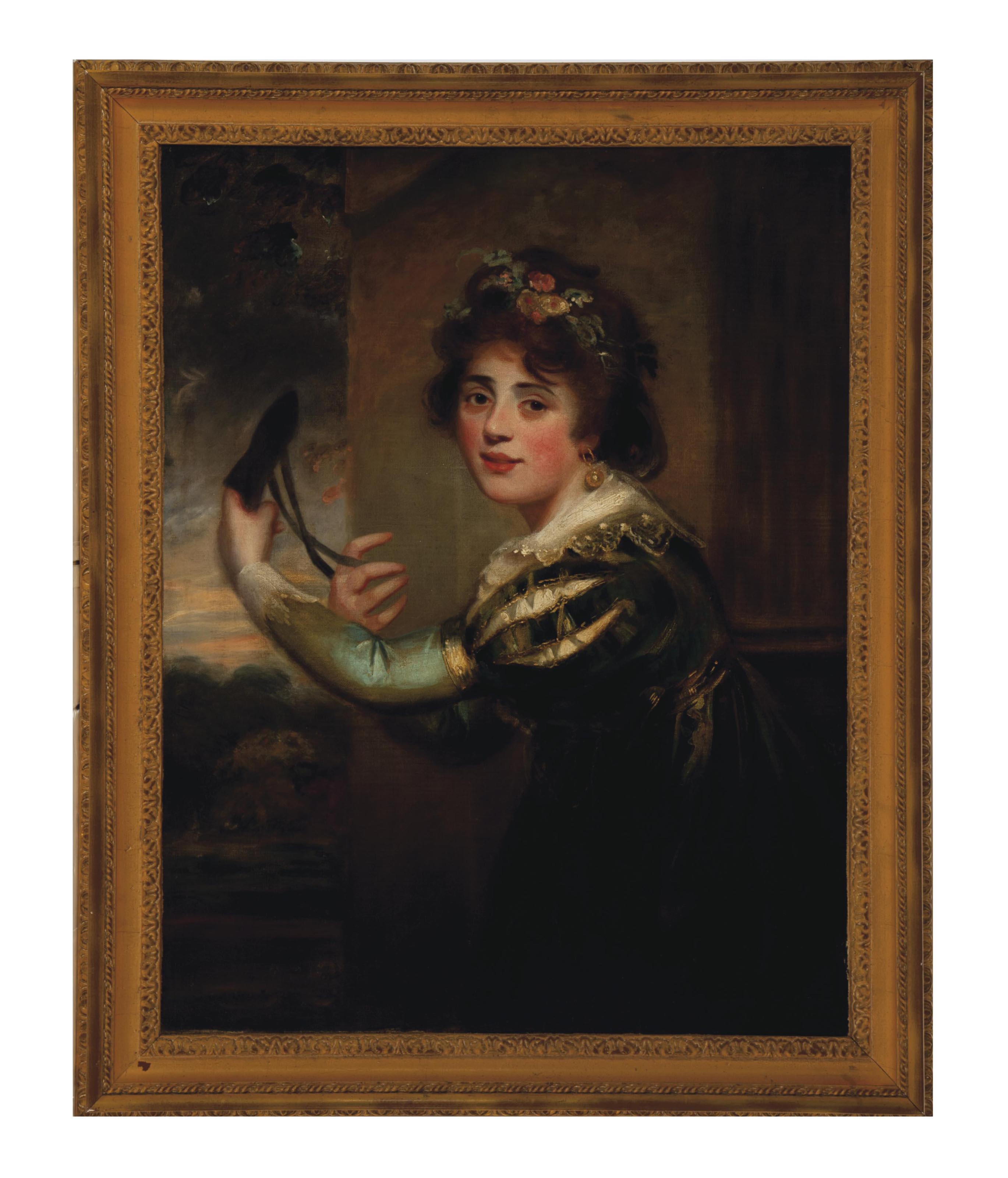 George Romney — Портрет молодой леди с цветочной гирляндой в руках и маской в руках