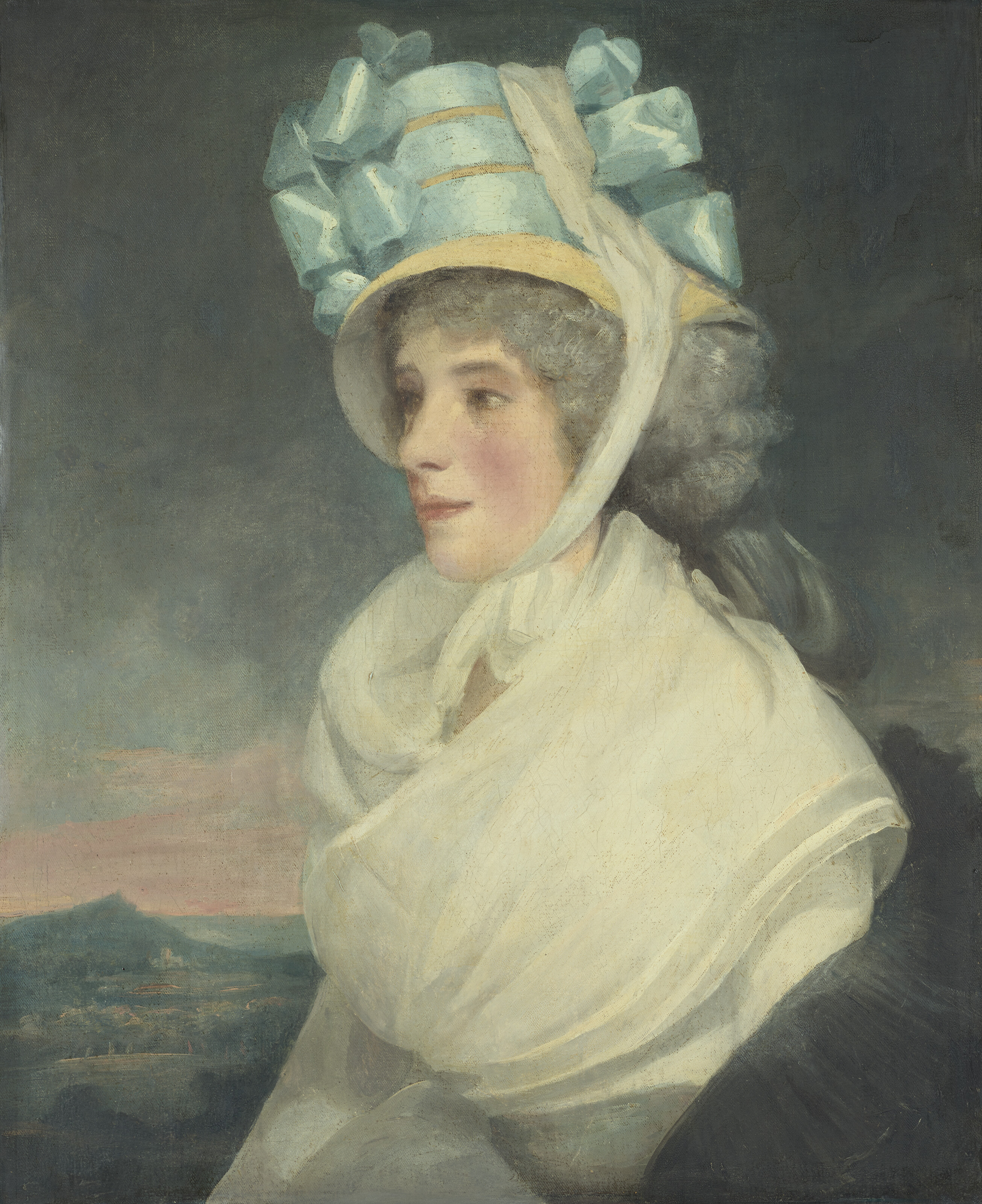 George Romney — Портрет молодой дамы в белом халате, украшенный головной убором из желтых и голубых рубанов