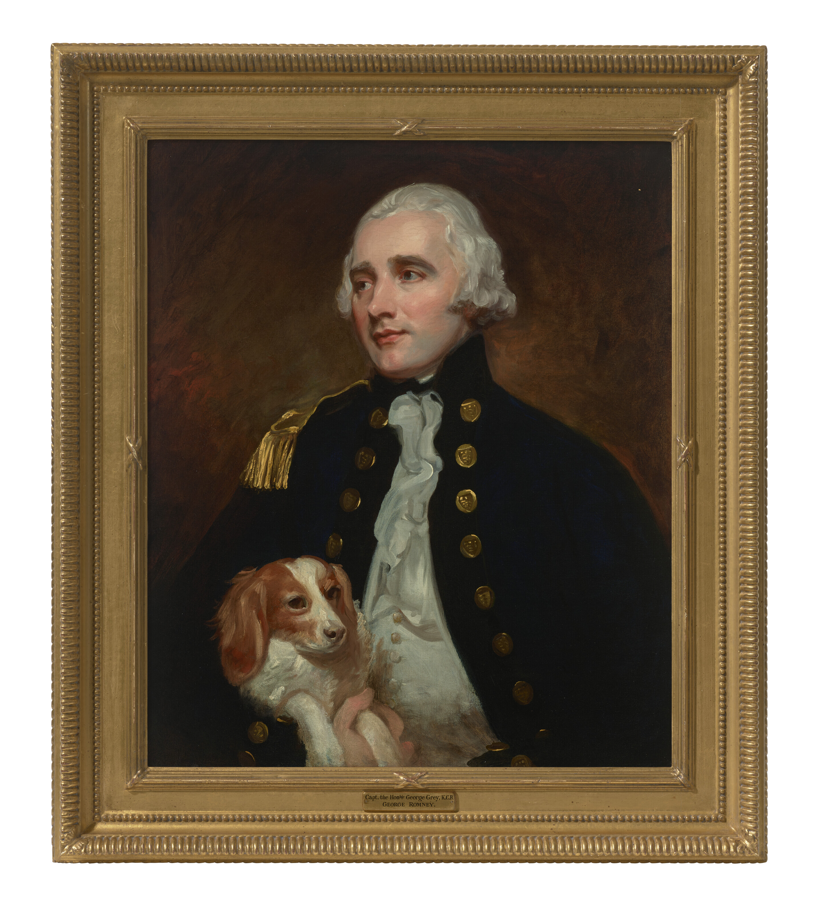 George Romney — Портрет офицера инженерного корпуса в полный рост, держащего на руках собаку