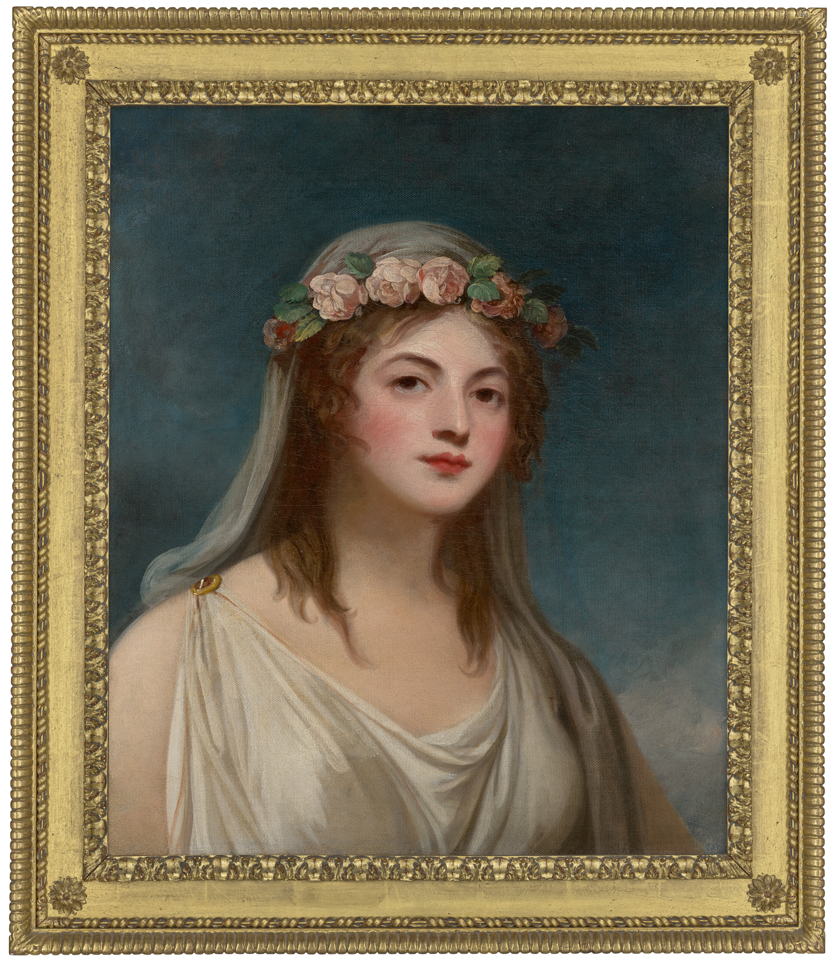 George Romney — Портрет леди, которую традиционно называют Эммой Гамильтон, длиной до груди, в классическом платье и вуали, с гирляндой роз