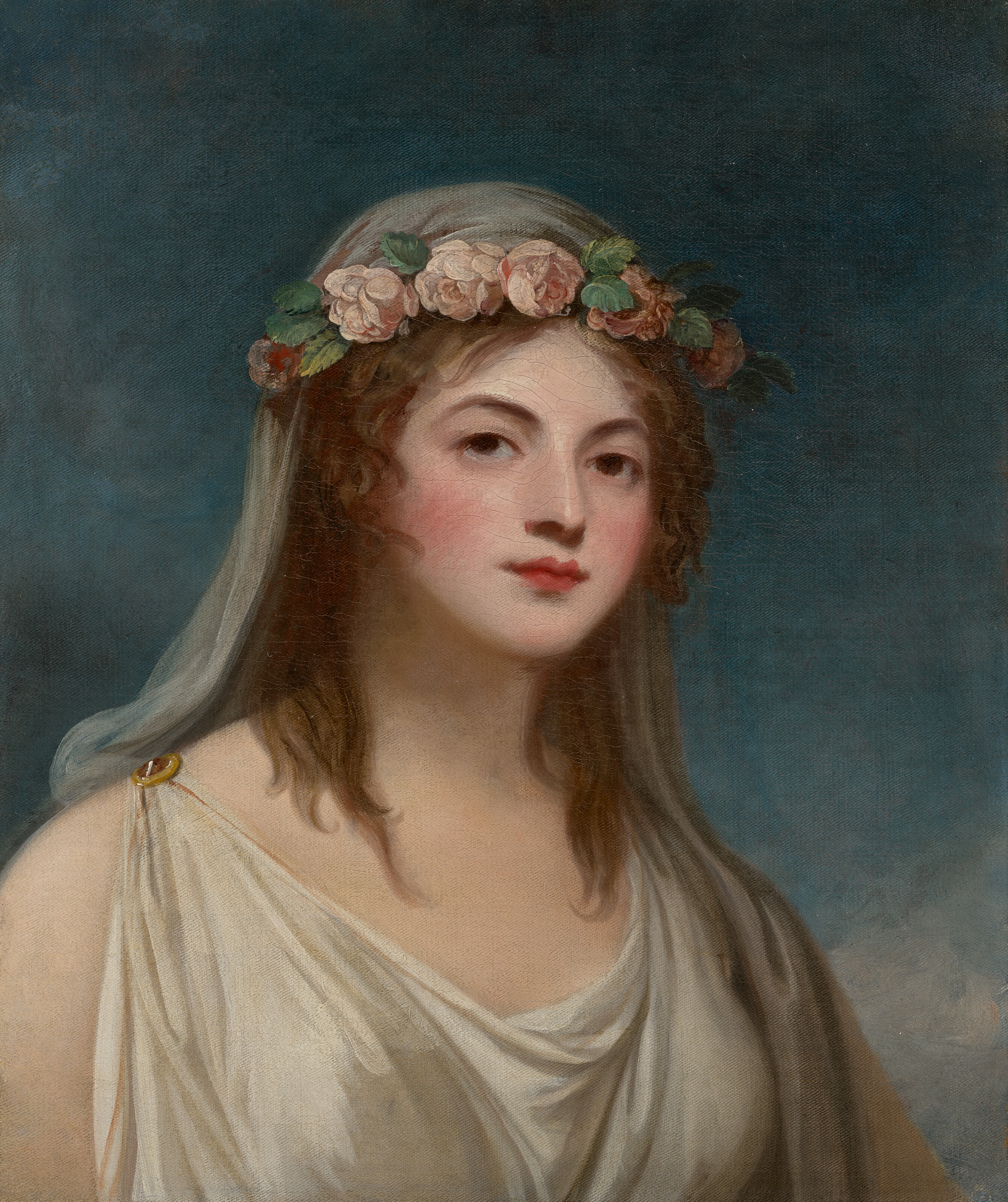 George Romney — Портрет леди, которую традиционно называют Эммой Гамильтон, длиной до груди, в классическом платье и вуали, с гирляндой роз, изображение 2