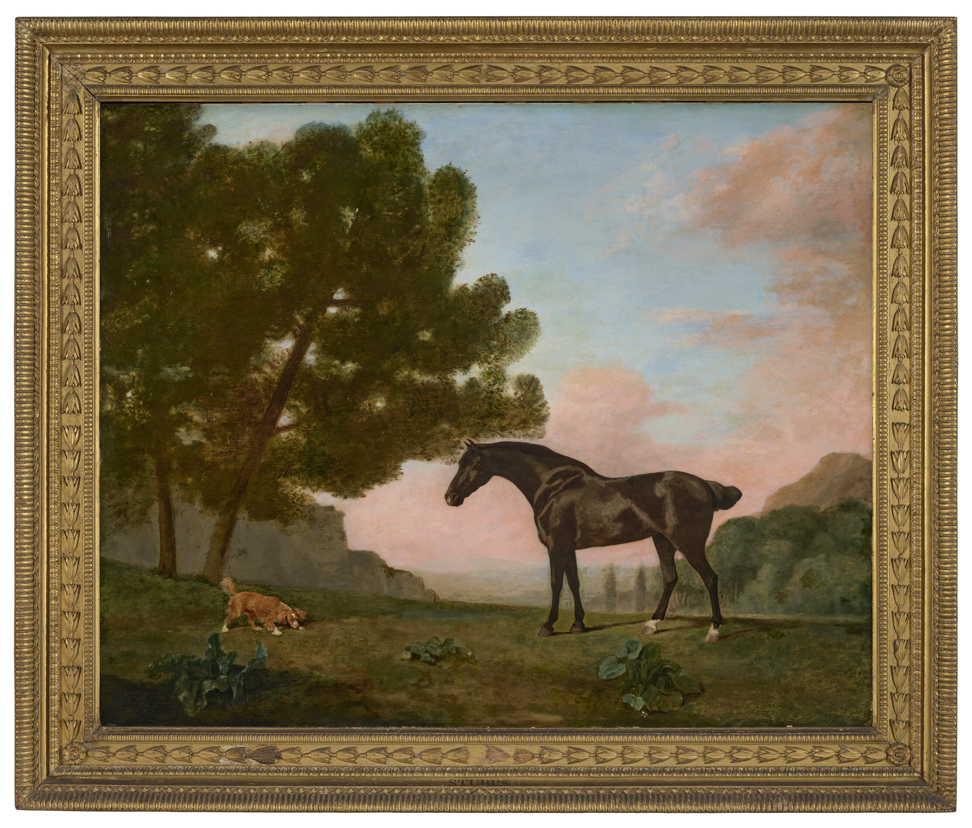 George Stubbs — Темно-гнедая лошадь, смотрящая налево, и золотистый спаниель, обнюхивающий землю, изображение 2