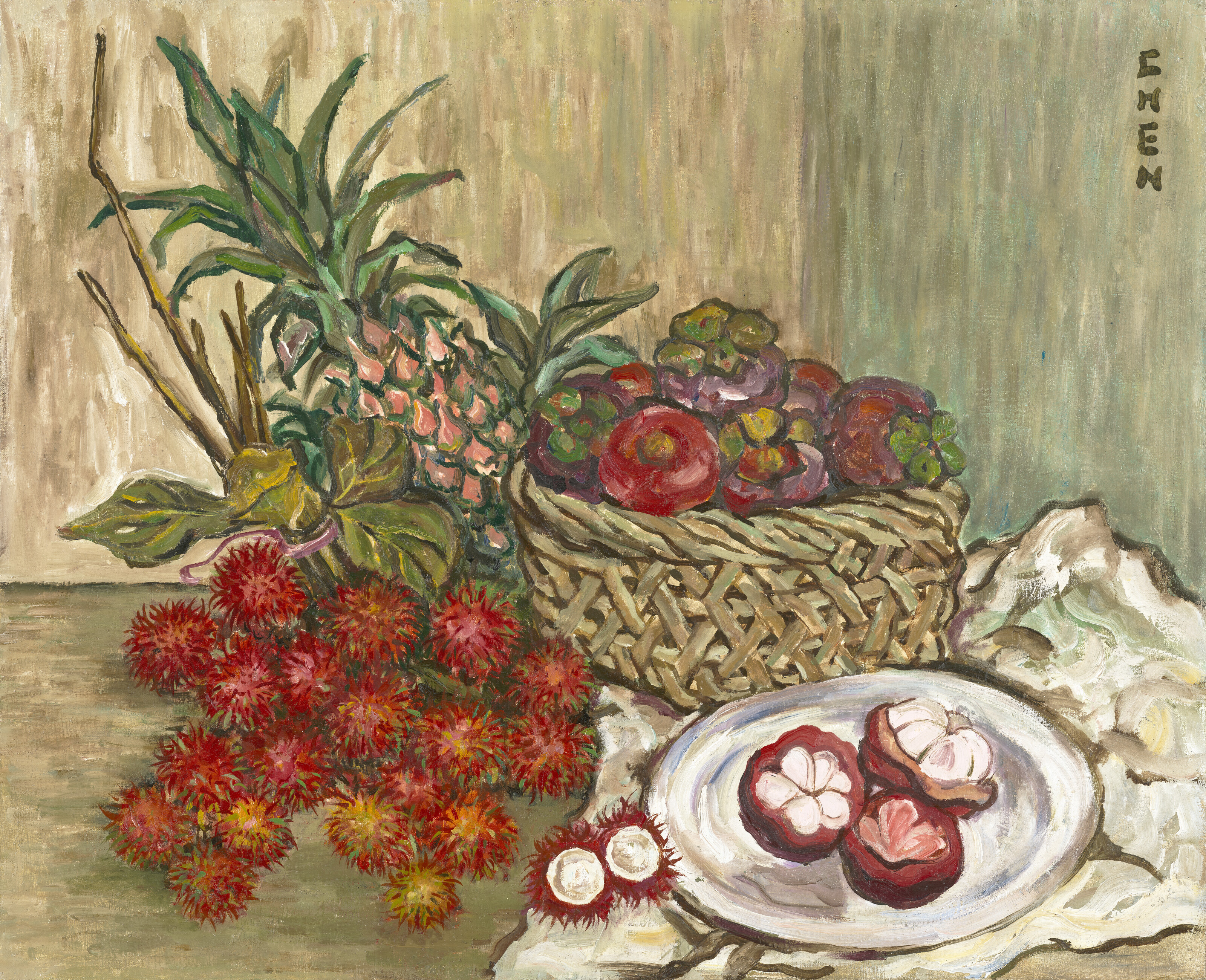 Georgette Chen — Натюрморт с рамбутанами, мангостинами и ананасом