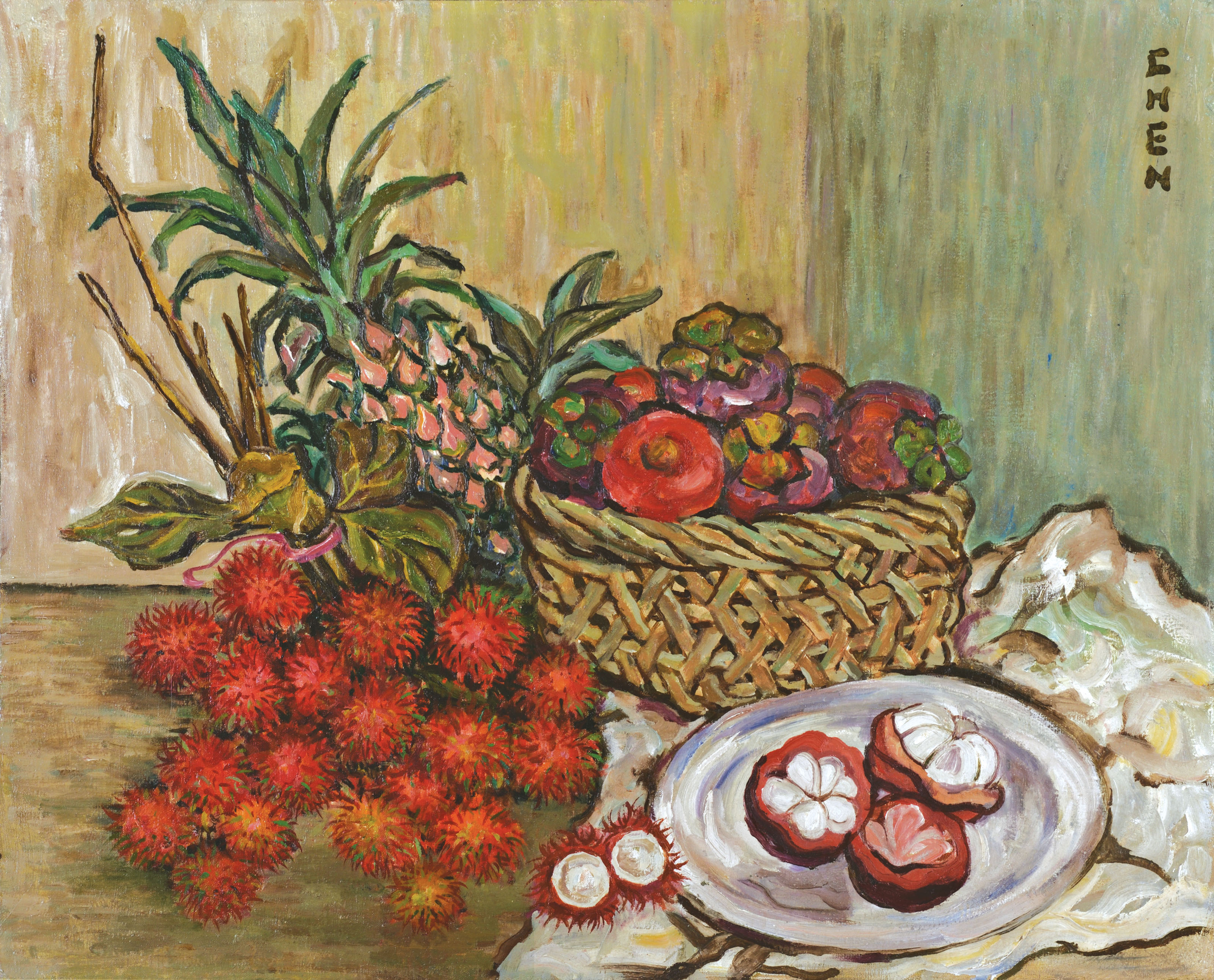Georgette Chen — Натюрморт с рамбутанами, мангостинами и ананасом