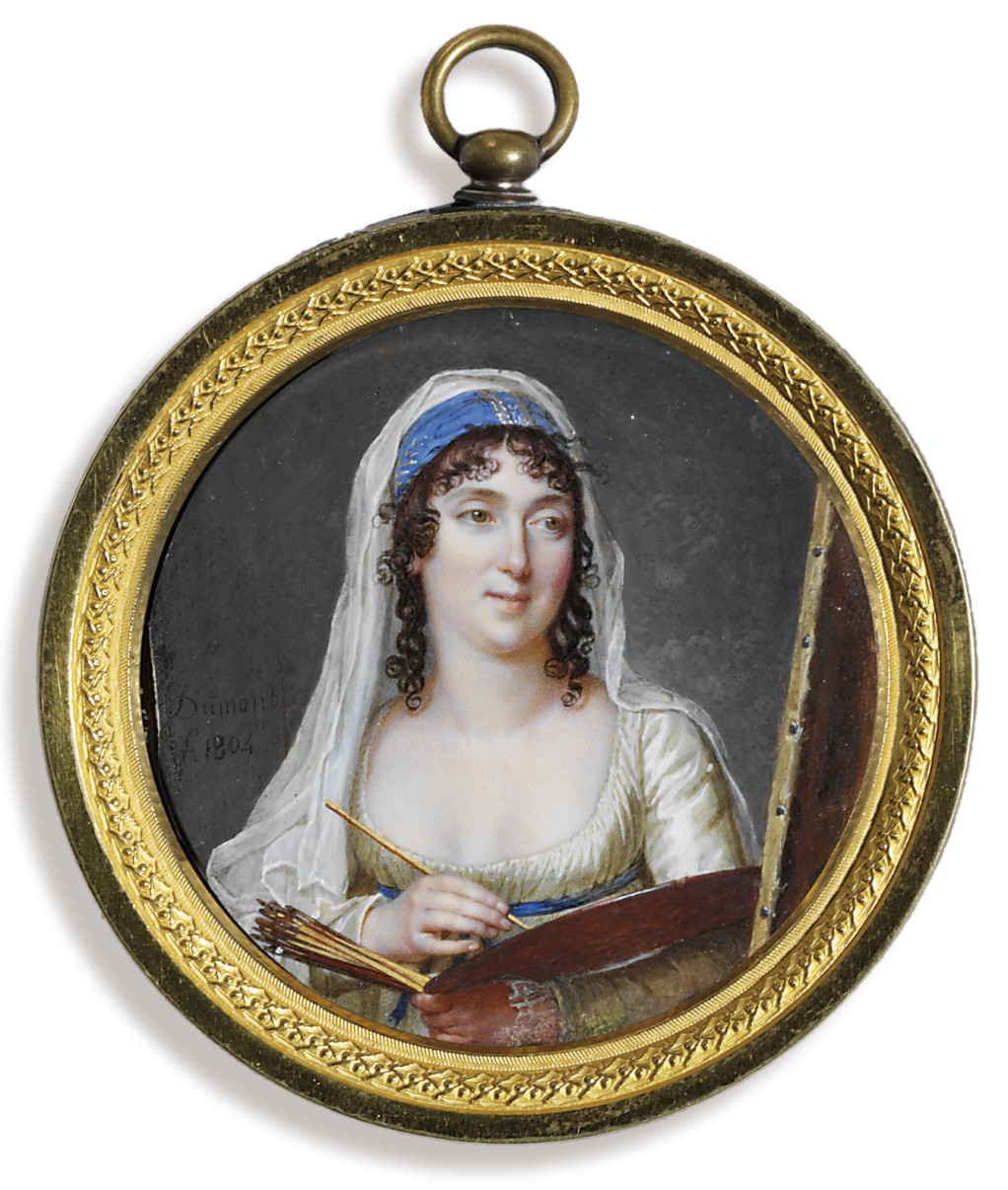 Gérard — Дама, возможно, художница Маргарита Жерар (1761-1837), в бледно-зеленом платье с голубым поясом, в голубом головном уборе и белой вуали, ниспадающей на ее темные вьющиеся волосы, держит кисть и палитру перед холстом.