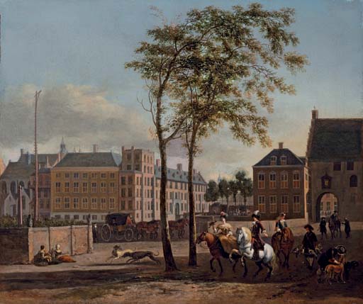 Gerrit Adriaensz Berckheyde — Площади Бюйтенхоф и Гевангенпорт, Гаага, с элегантной вечеринкой, посвященной сокрытию сокровищ