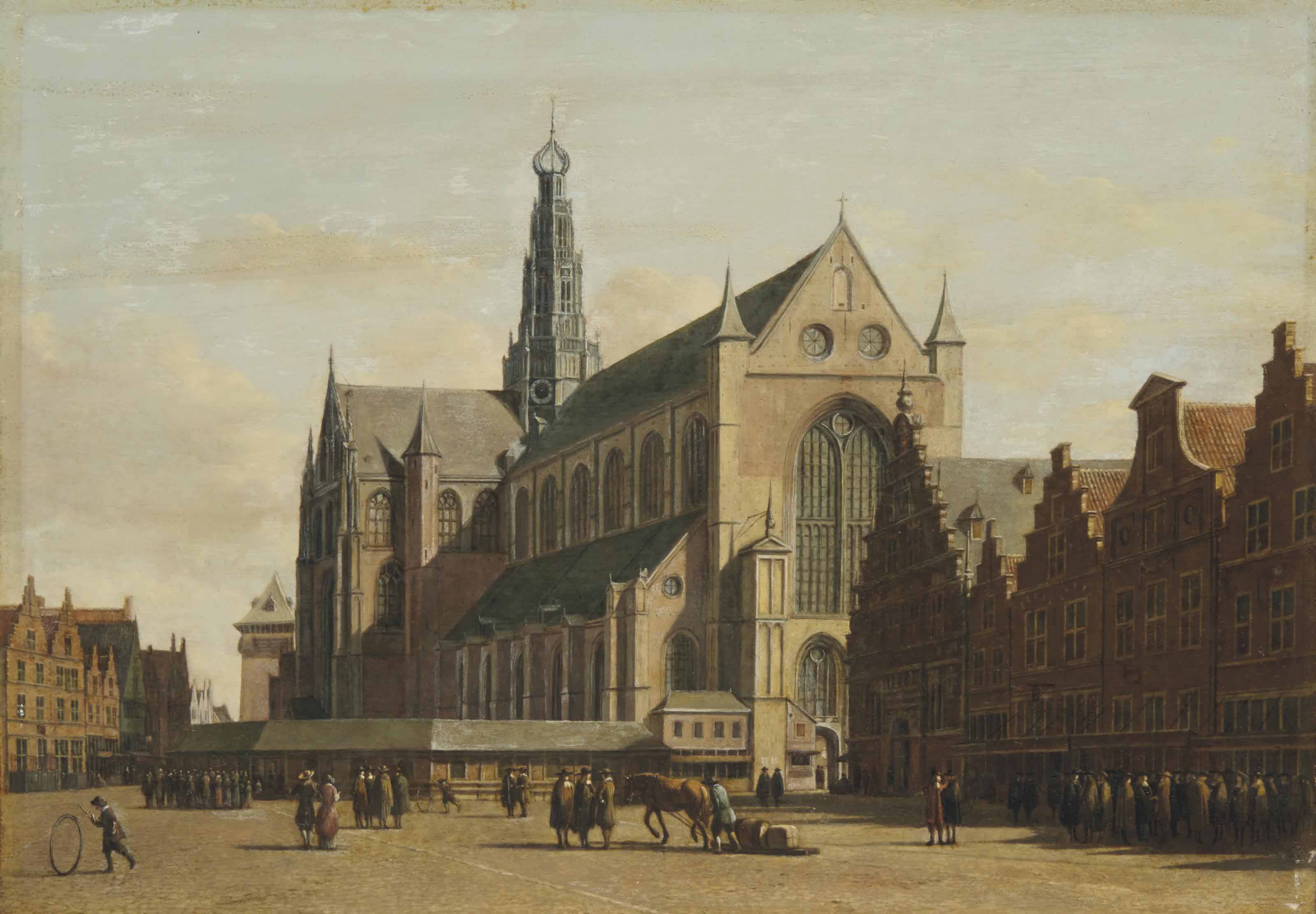 Gerrit Adriaensz Berckheyde — Гроте-Маркт, Харлем, обращенный на юго-восток, с церковью Святого Бавона