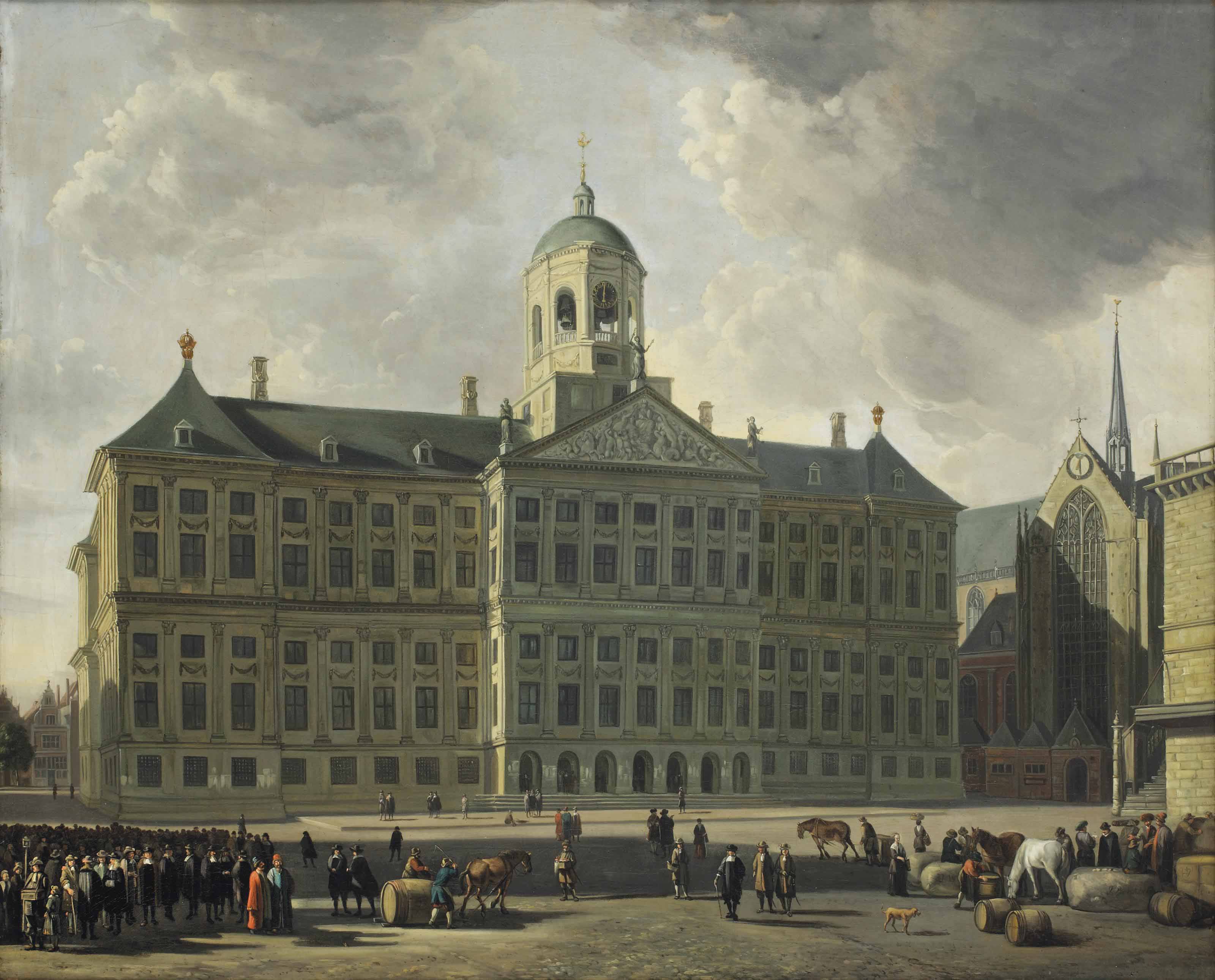 Gerrit Adriaensz Berckheyde — Вид на плотину с новой ратушей, Нью-Керк и Вааг, Амстердам