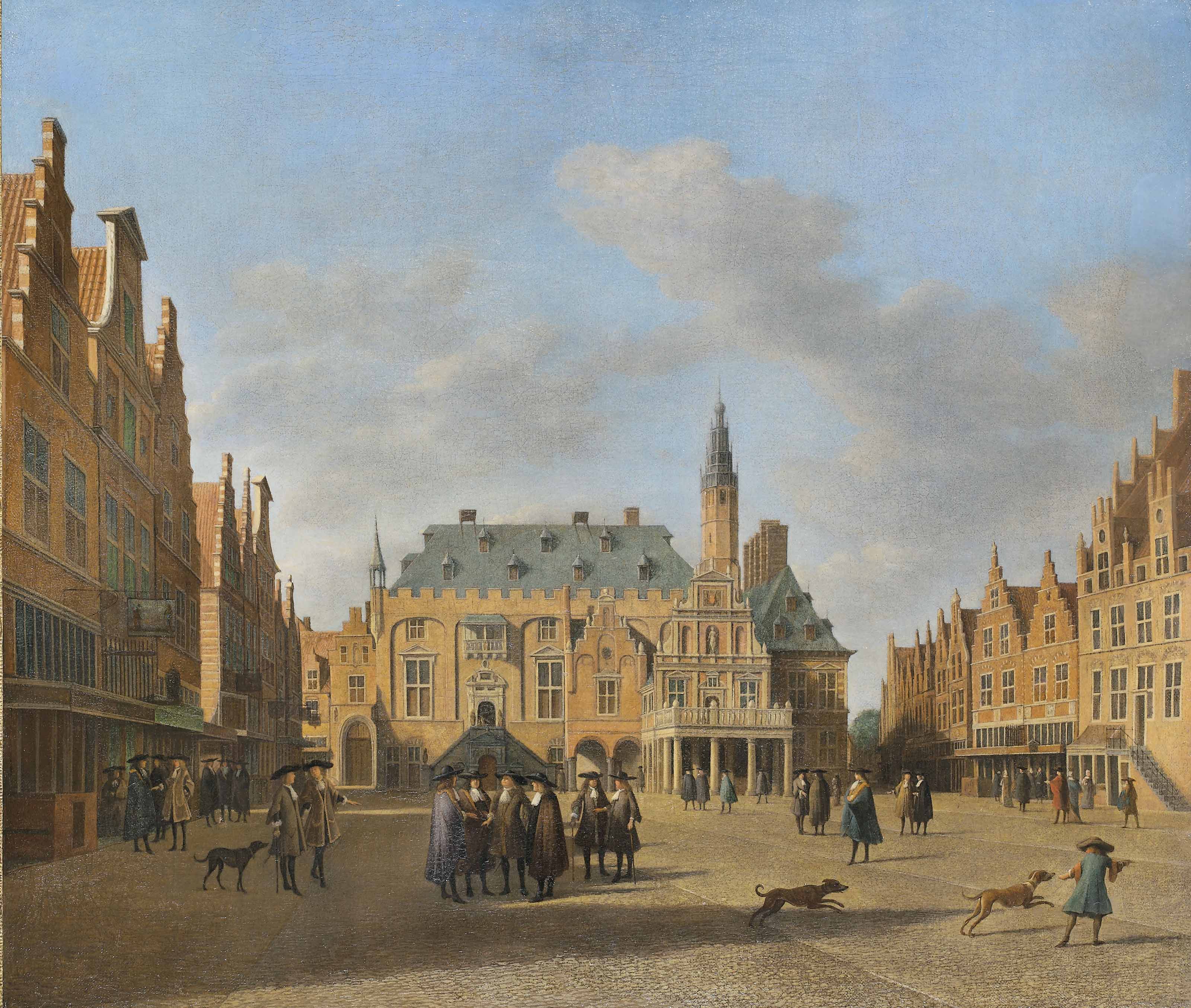 Gerrit Adriaensz Berckheyde — Гроте Маркт, Харлем, обращенный на запад, с ратушей и людьми, беседующими на рыночной площади
