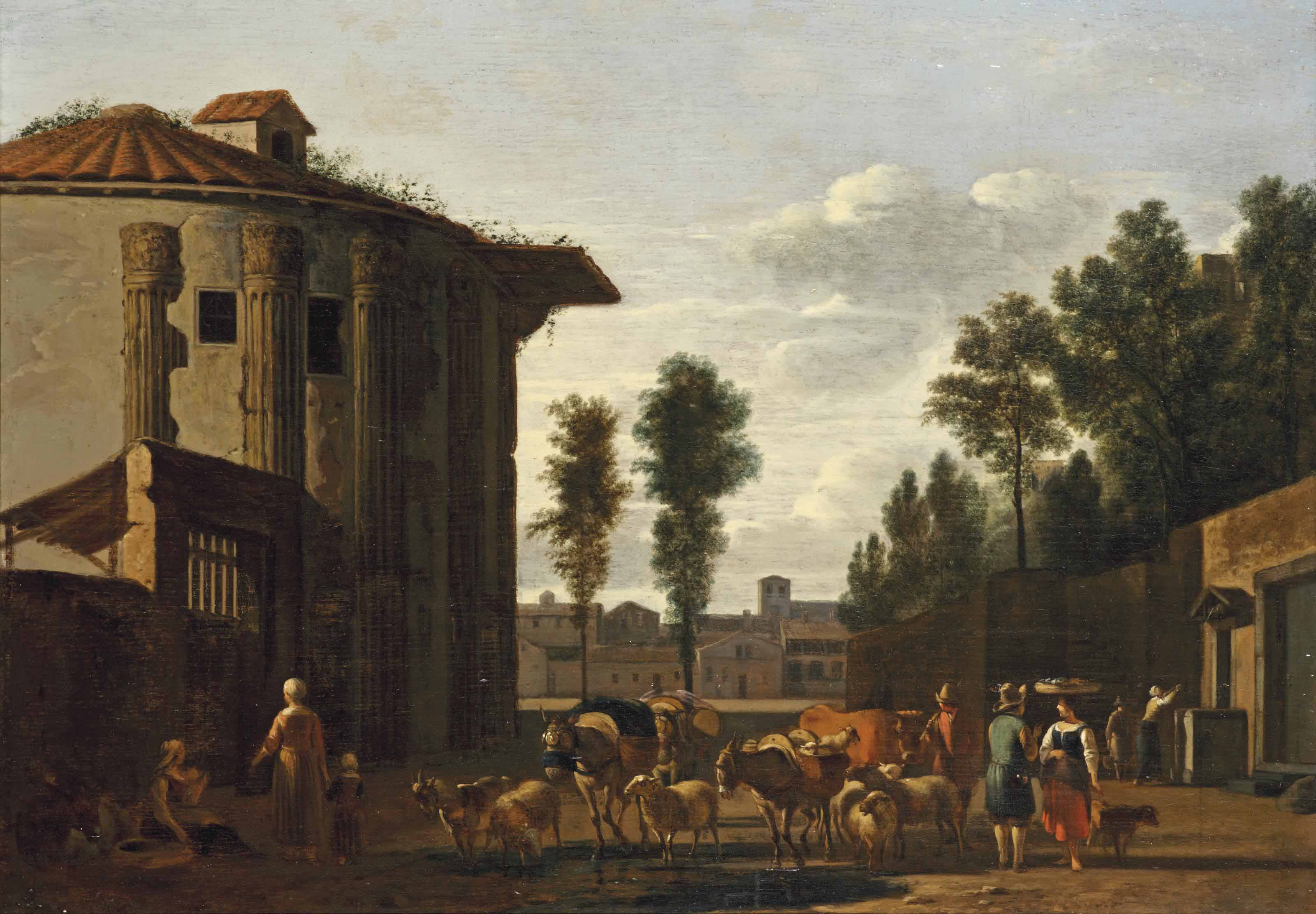 Gerrit Adriaensz Berckheyde — Храм Весты в Риме с пастухом и другими фигурами