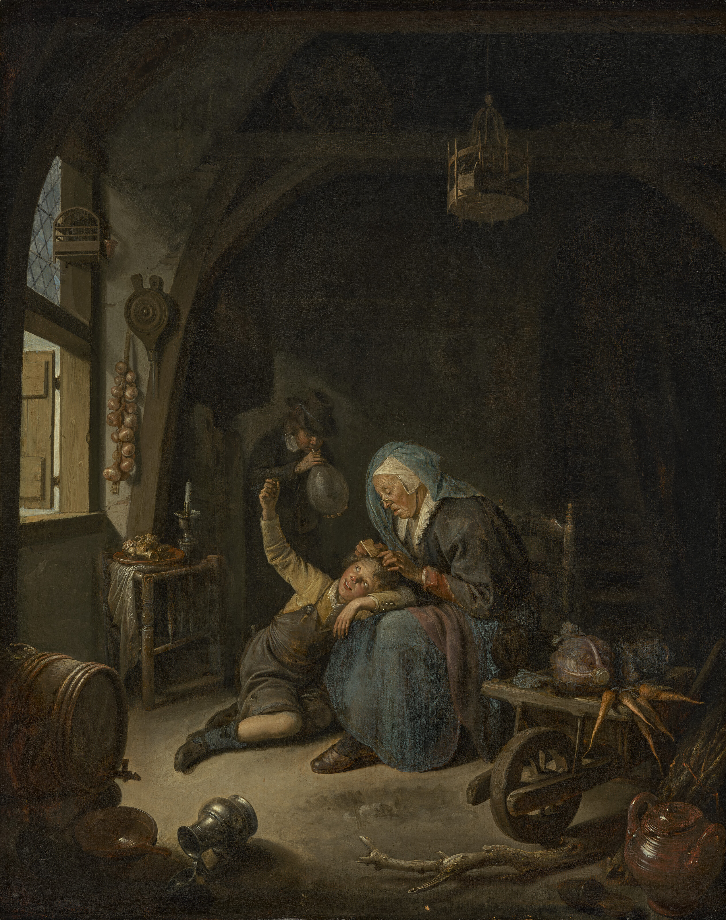 Gerrit Dou — Интерьер коттеджа со старухой ("матерью Рембрандта"), расчесывающей волосы мальчика