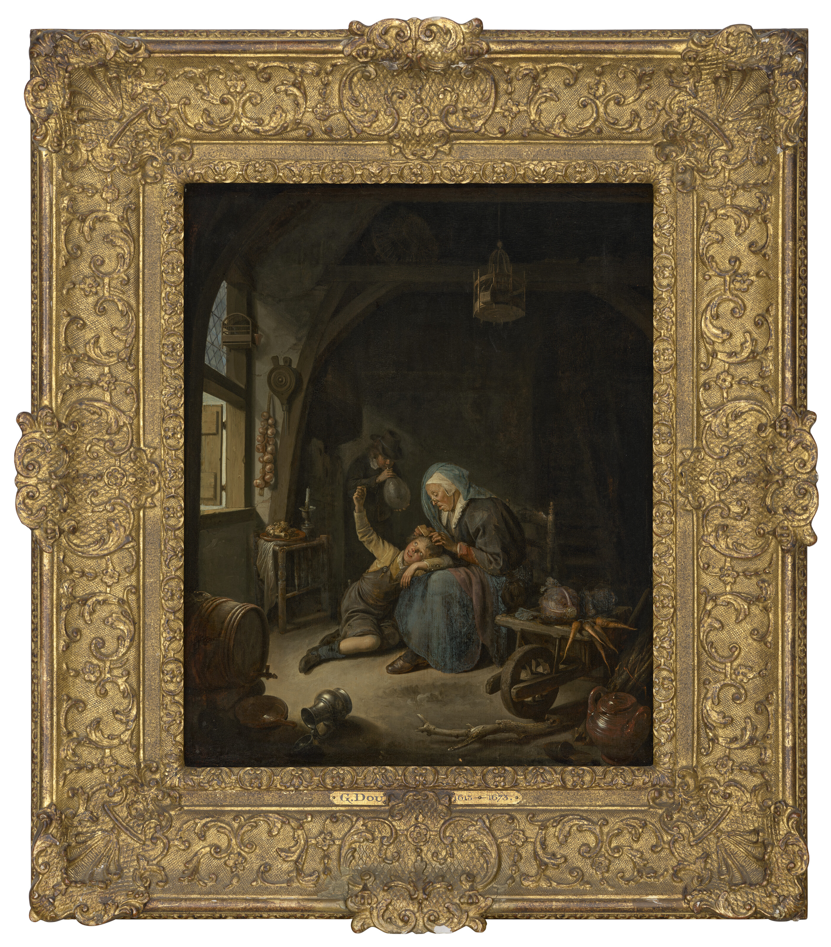 Gerrit Dou — Интерьер коттеджа со старухой ("матерью Рембрандта"), расчесывающей волосы мальчика, изображение 2