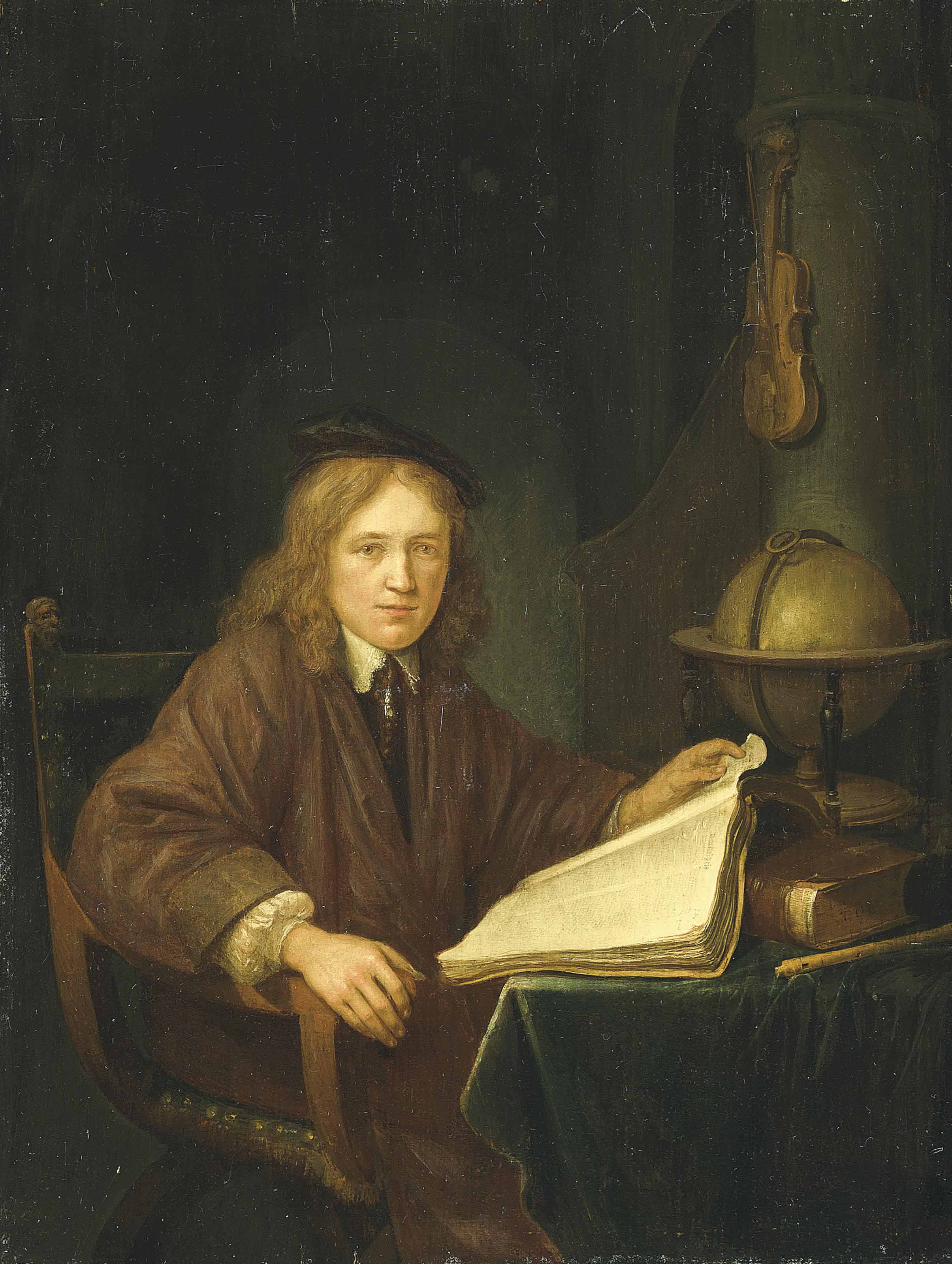 Gerrit Dou — Джентльмен в интерьере, сидящий за столом с книгой в левой руке