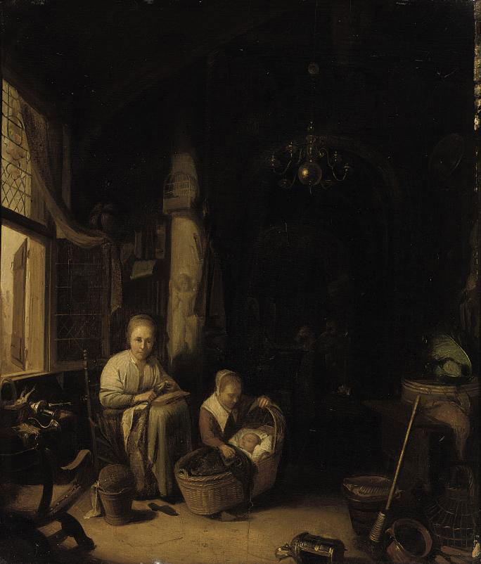Gerrit Dou — Молодая мать со своими детьми в интерьере