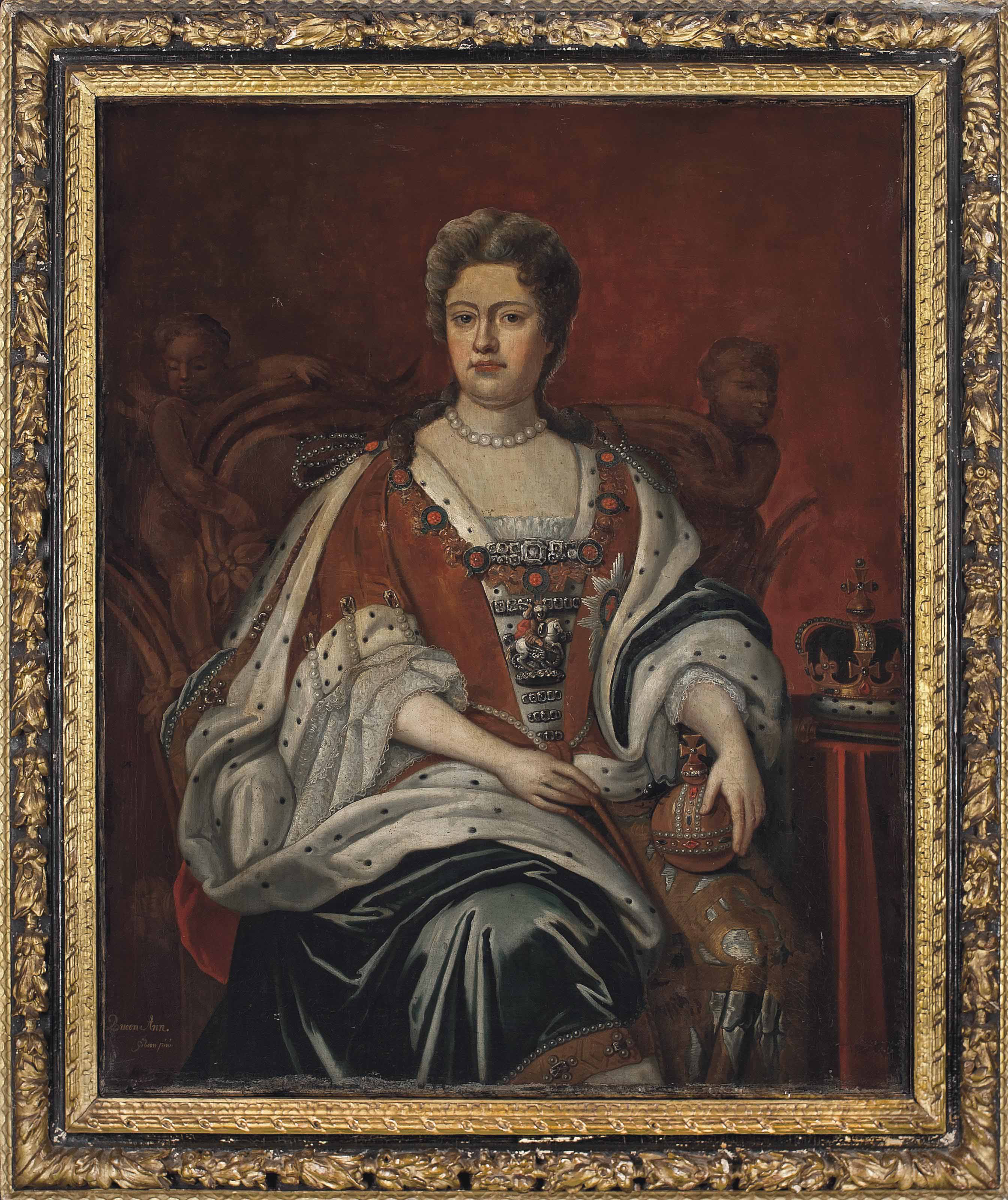 Gibson — Портрет королевы Анны (1665-1714), сидящей в три четверти роста, в парадных одеждах, с державой в руках.