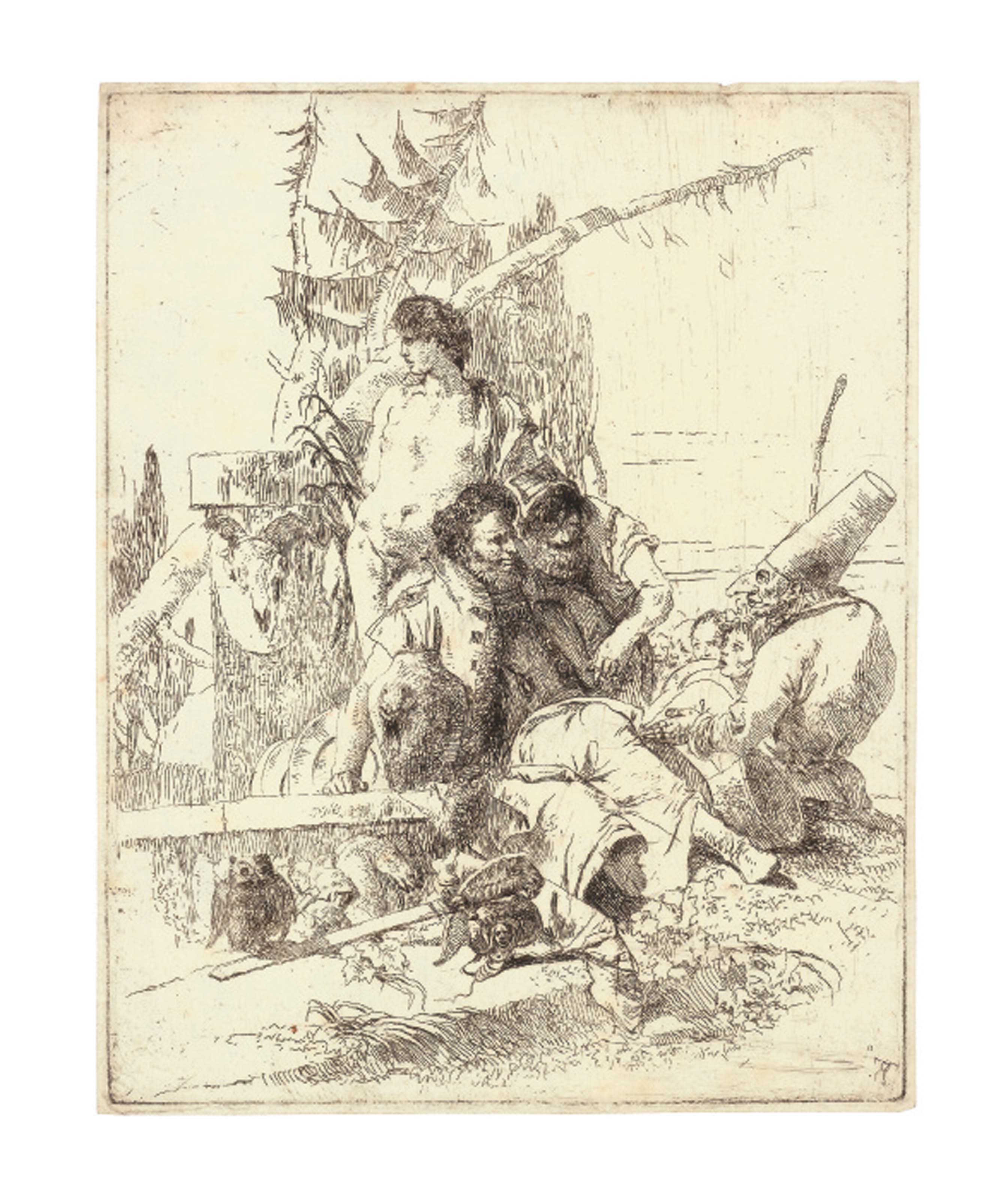 Giovanni Battista Tiepolo — Панчинелло беседует с двумя фокусниками, из "Скерцио ди Фантазия" (де Весме 21; Рицци 12)