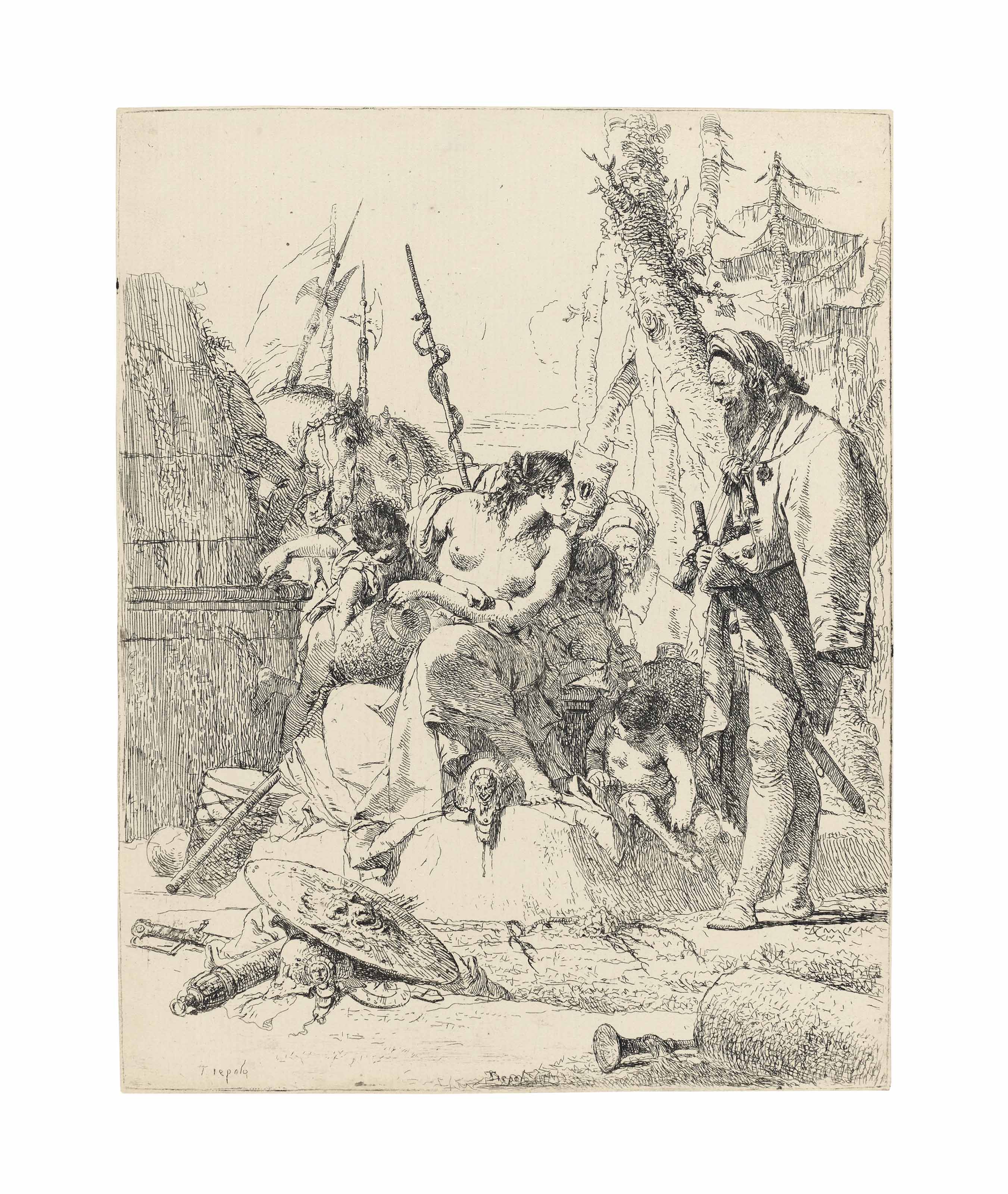 Giovanni Battista Tiepolo — Полуодетая нимфа с двумя детьми, окруженная четырьмя мужчинами, от: Scherzi di Fantasia (де Весме 15; Рицци 6)