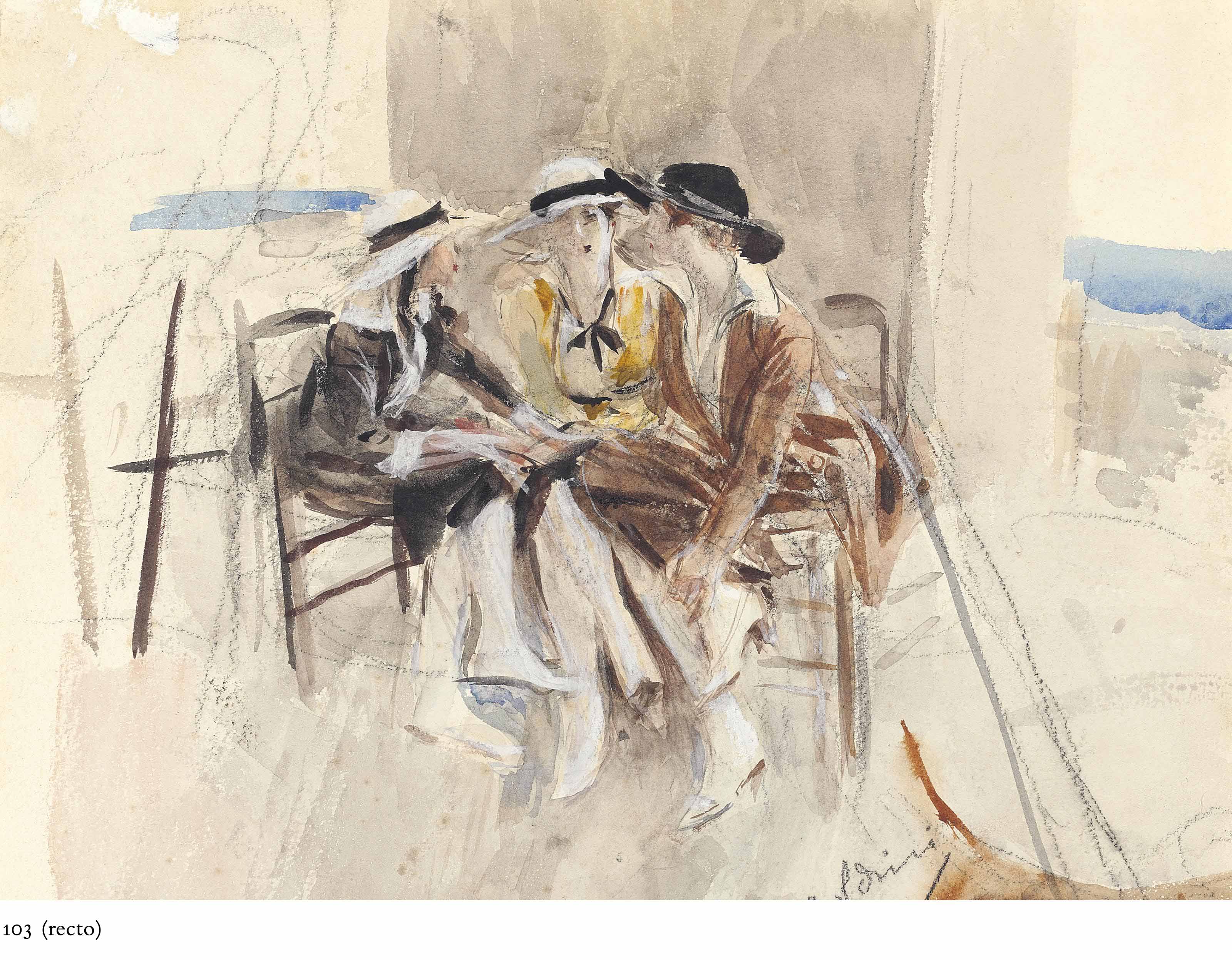Giovanni Boldini — Три женщины беседуют на террасе ( справа ); изучение фигур ( слева )