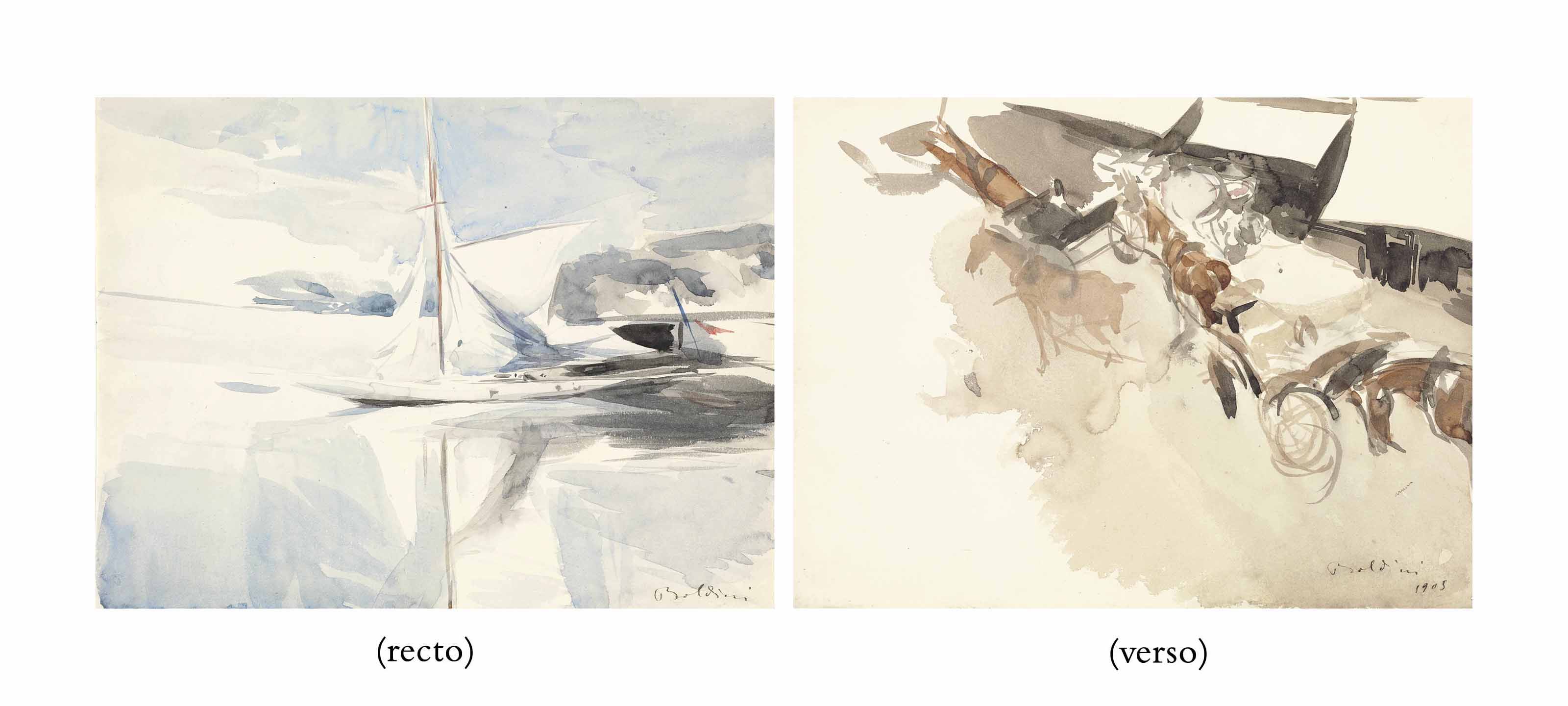 Giovanni Boldini — Парусник у причала (оборотная сторона); Запряженные лошадьми экипажи, видимые сверху (оборотная сторона)
