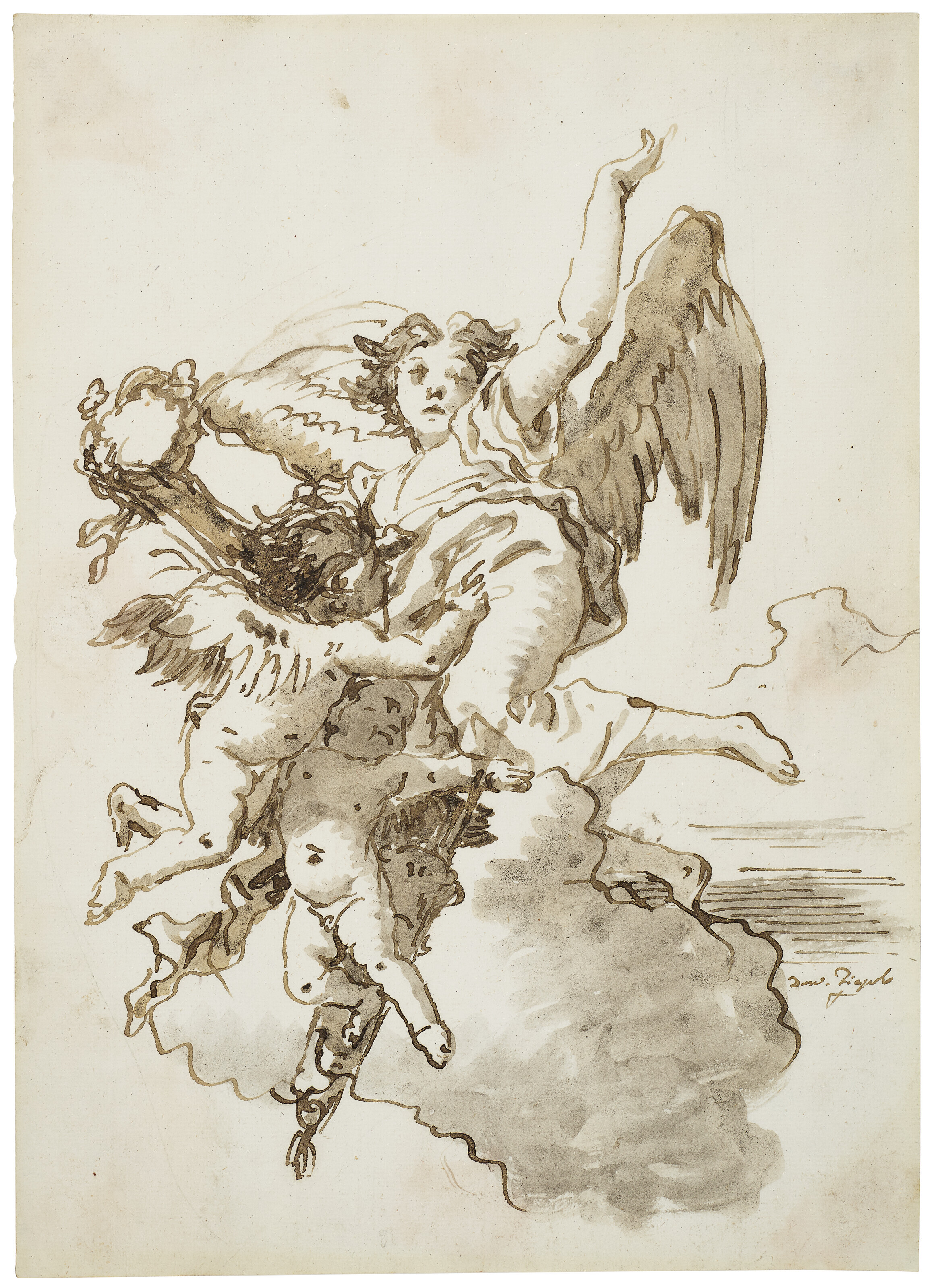 Giovanni Domenico Tiepolo — Ангел с короной победителя и путти в облаках, изображение 1